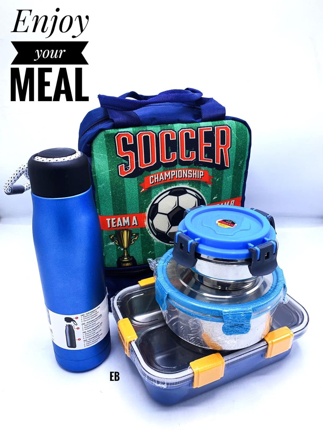 Echo Boomers Blue Soccer Printed Double Layer Insulated Tiffin Lunch Double Bag with Multi Zipper Pockets