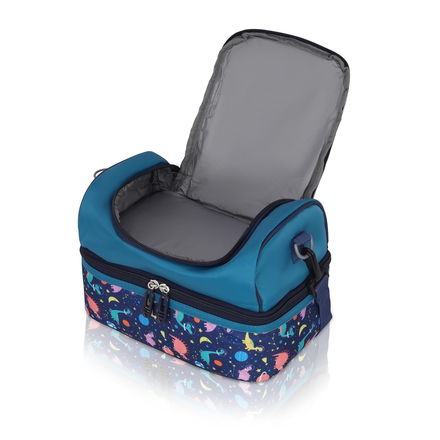 Echo Boomers Blue Dino Printed Double Layer Insulated Tiffin Lunch Bag with Detachable Strap