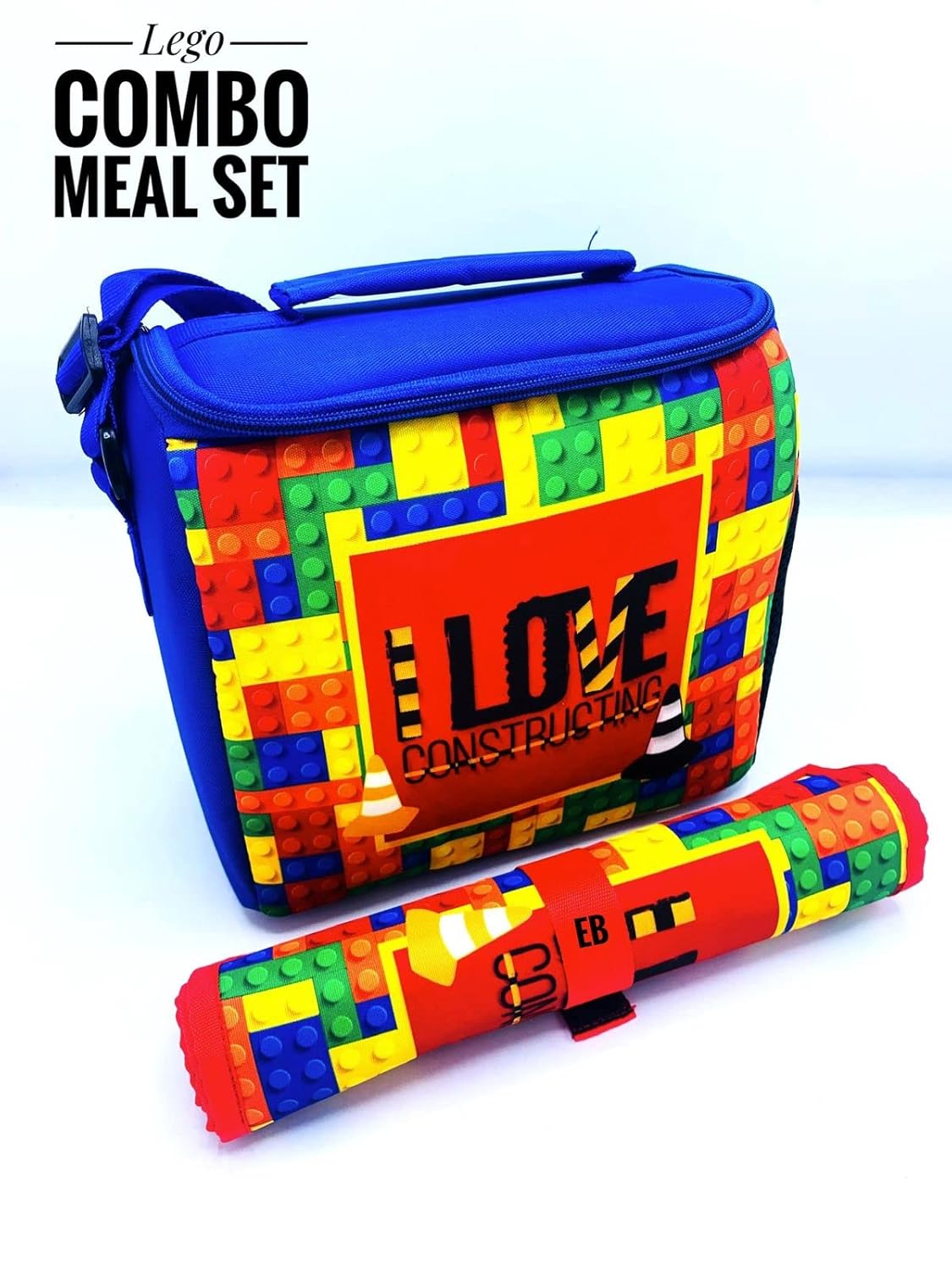 Echo Boomers Lego Printed Insulated Lunch Bag & Rolled Dinning TableMat Combo, Tiffin and Food Storage Bag for Work, Students, Office, Picnic, College & School with Multiple Zipper Pockets