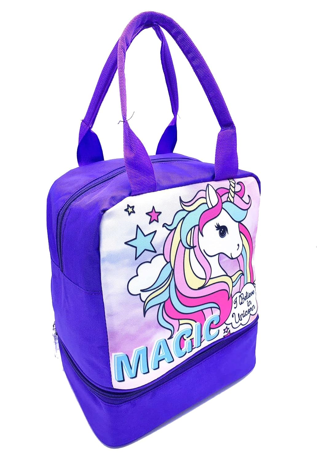 Echo Boomers Purple Unicorn Printed Double Layer Insulated Tiffin Lunch Double Bag with Multi Zipper Pockets