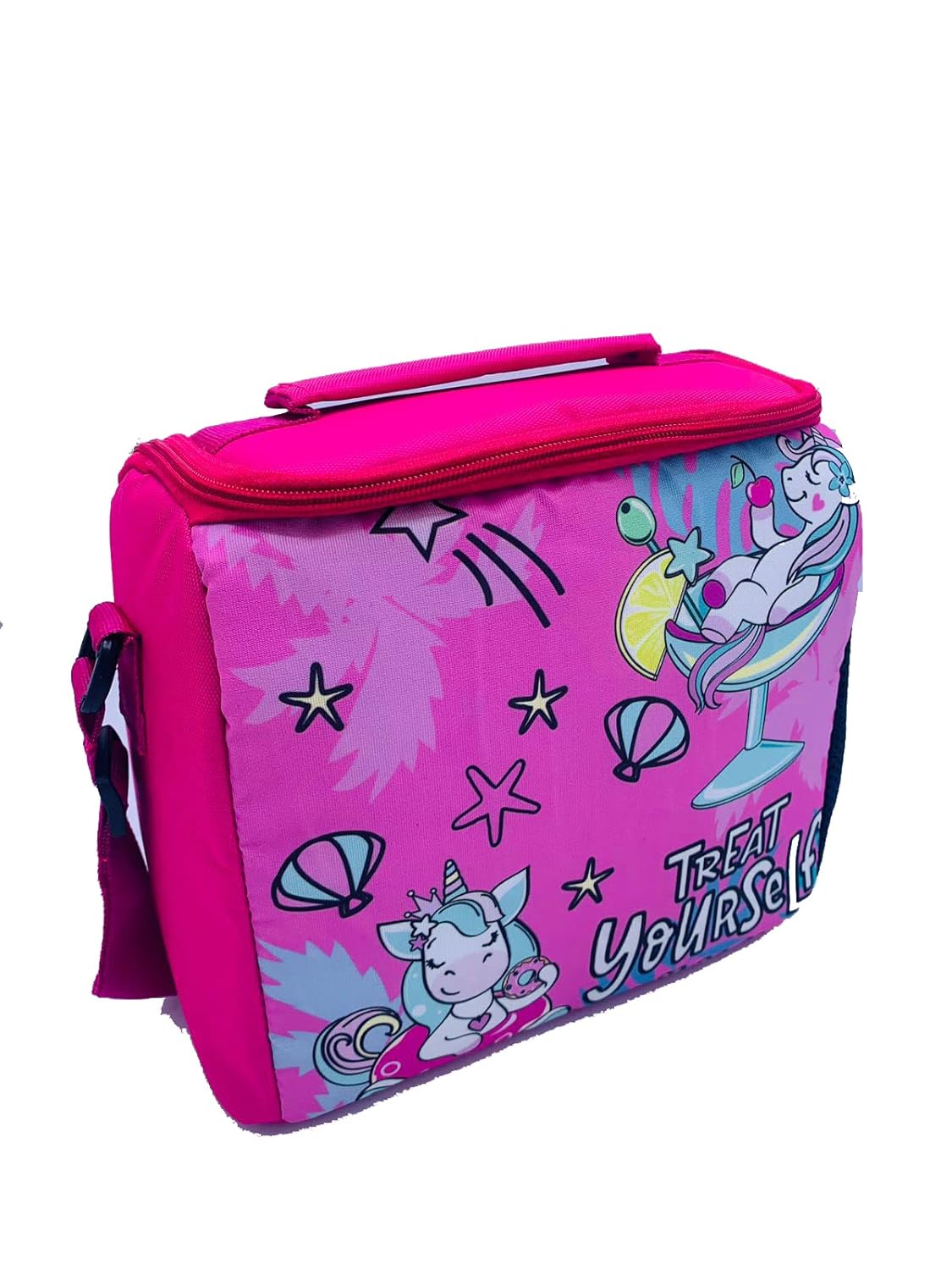 Echo Boomers Unicorn Printed Insulated Lunch Bag & Rolled Dinning TableMat Combo, Tiffin and Food Storage Bag for Work, Students, Office, Picnic, College & School with Multiple Zipper Pockets Pink