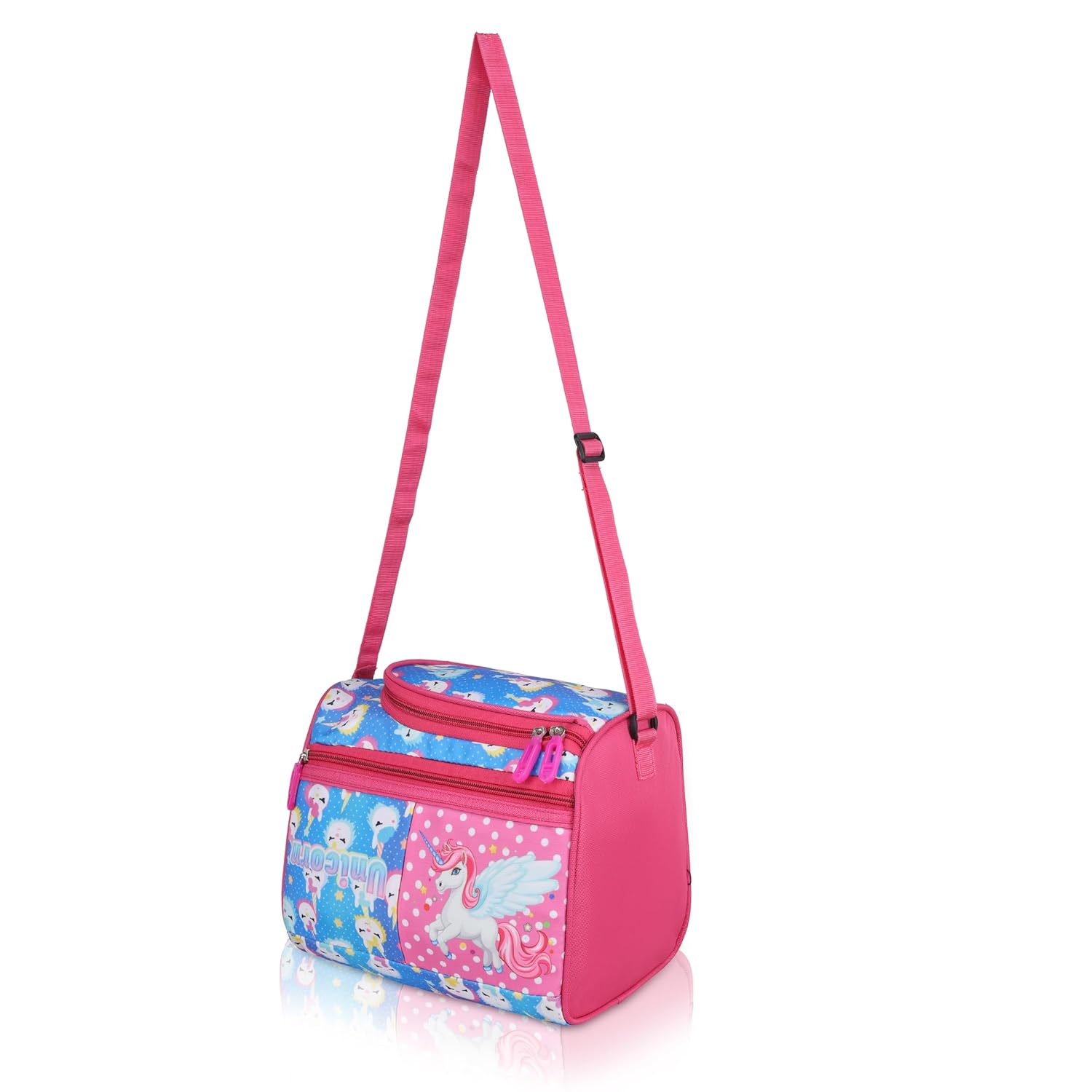 Echo Boomers Unicorn Printed Double Insulated Tiffin Lunch Bag with Multi Zipper Pockets - Pink