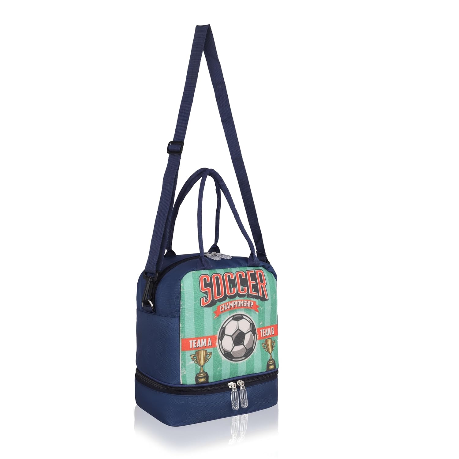 Echo Boomers Double Layer Insulated Tiffin Lunch Bag - Purple Soccer Championship Print, Multi Pockets & Long Strap