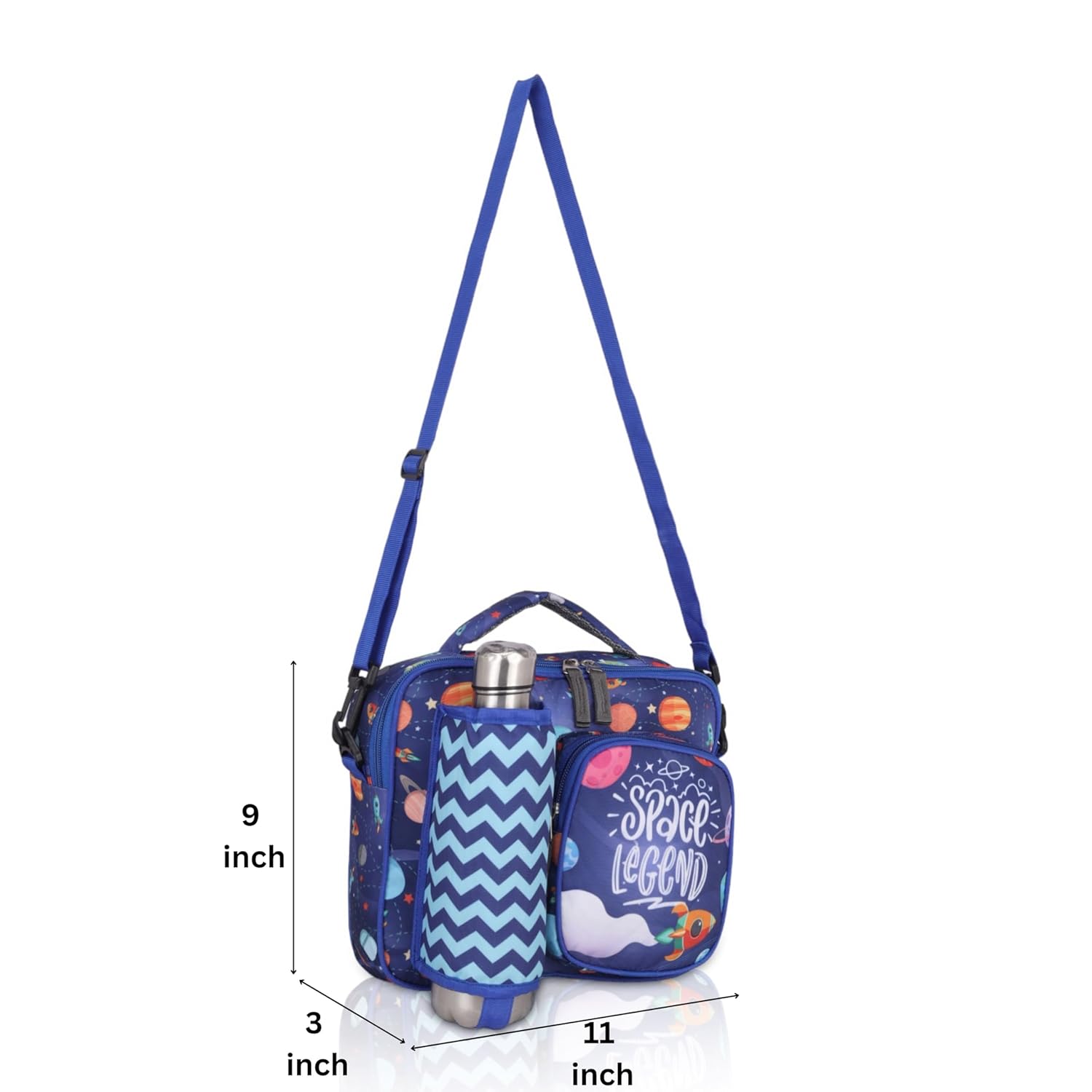 Echo Boomers Space Print Blue Insulated Tiffin Lunch Bags for Kids with Multi Zipper Pockets