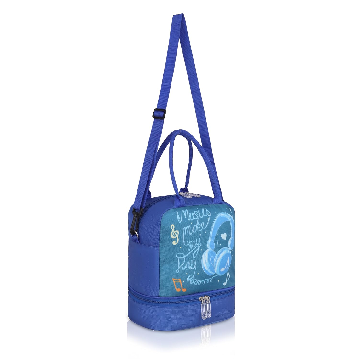 Echo Boomers Double Layer Insulated Tiffin Bag, Blue Music Print & Multi Pockets Spacious Lunch Bag with Long Strap