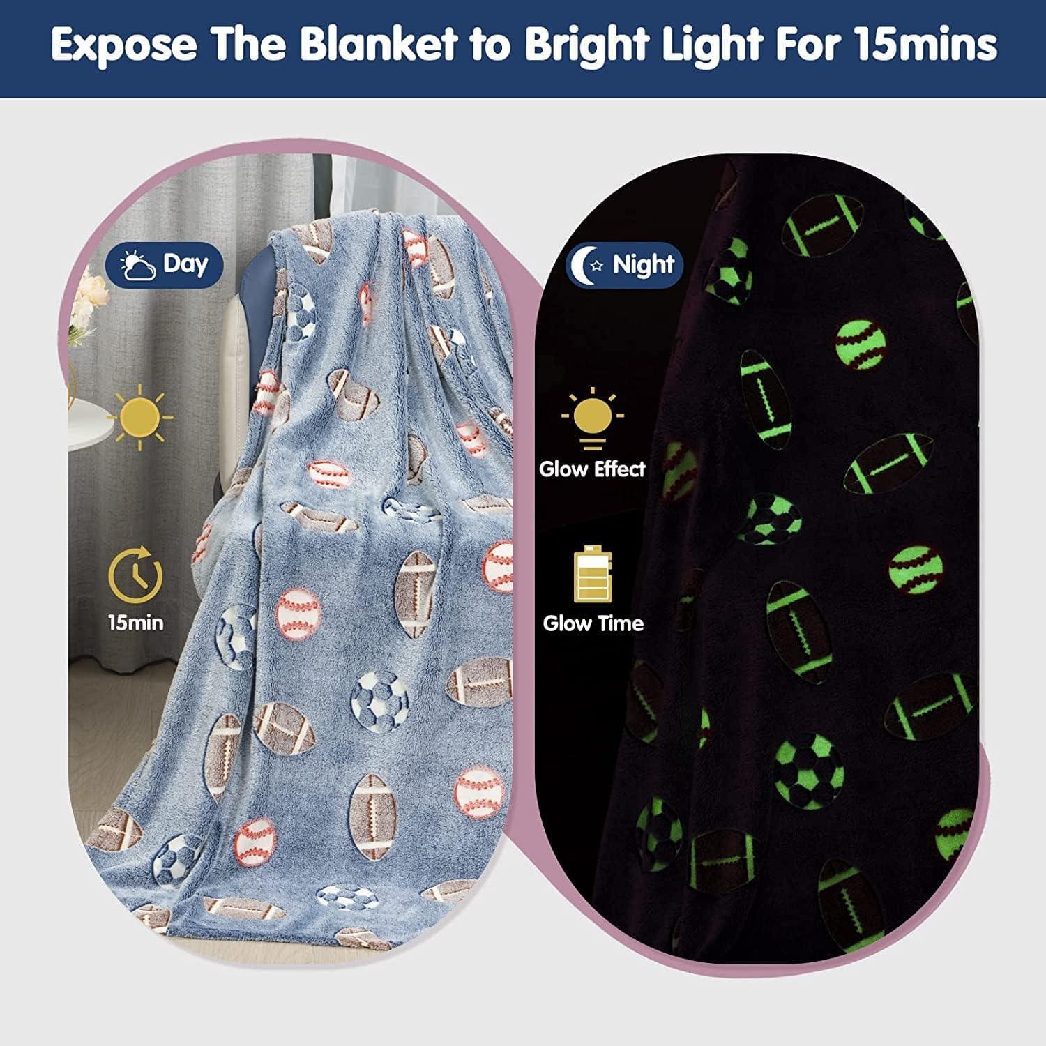 Echo Boomers Sports Glow in The Dark Blanket Printed Blankets for Kids, Light Weight Soft Cozy All Season Blankets for Baby Boys & Girls Pack of 1 Grey Star-Big (60x80 inches)