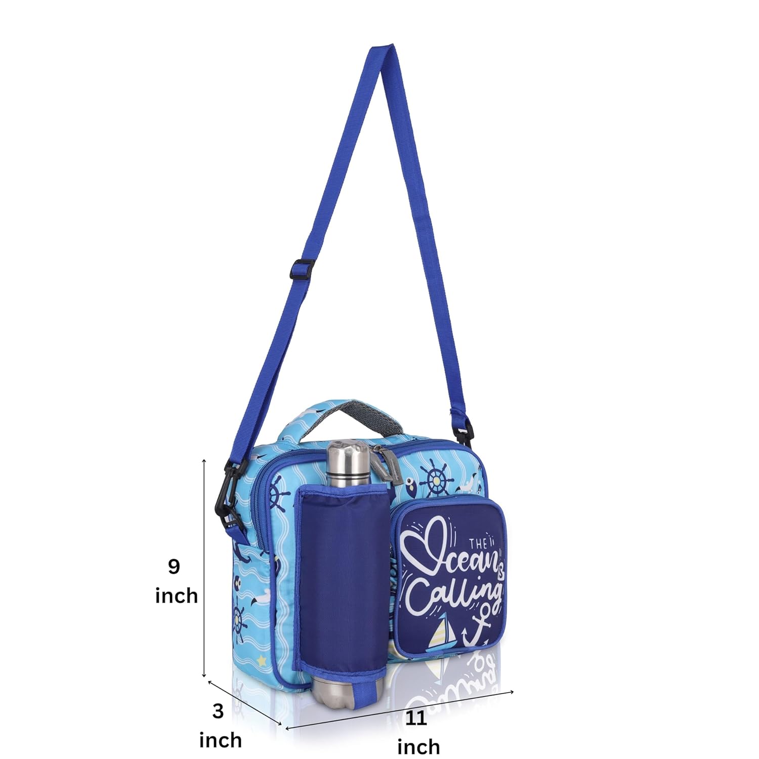 Echo Boomers Blue Ocean Print Insulated Tiffin Lunch Bags for Kids with Multi Zipper Pockets