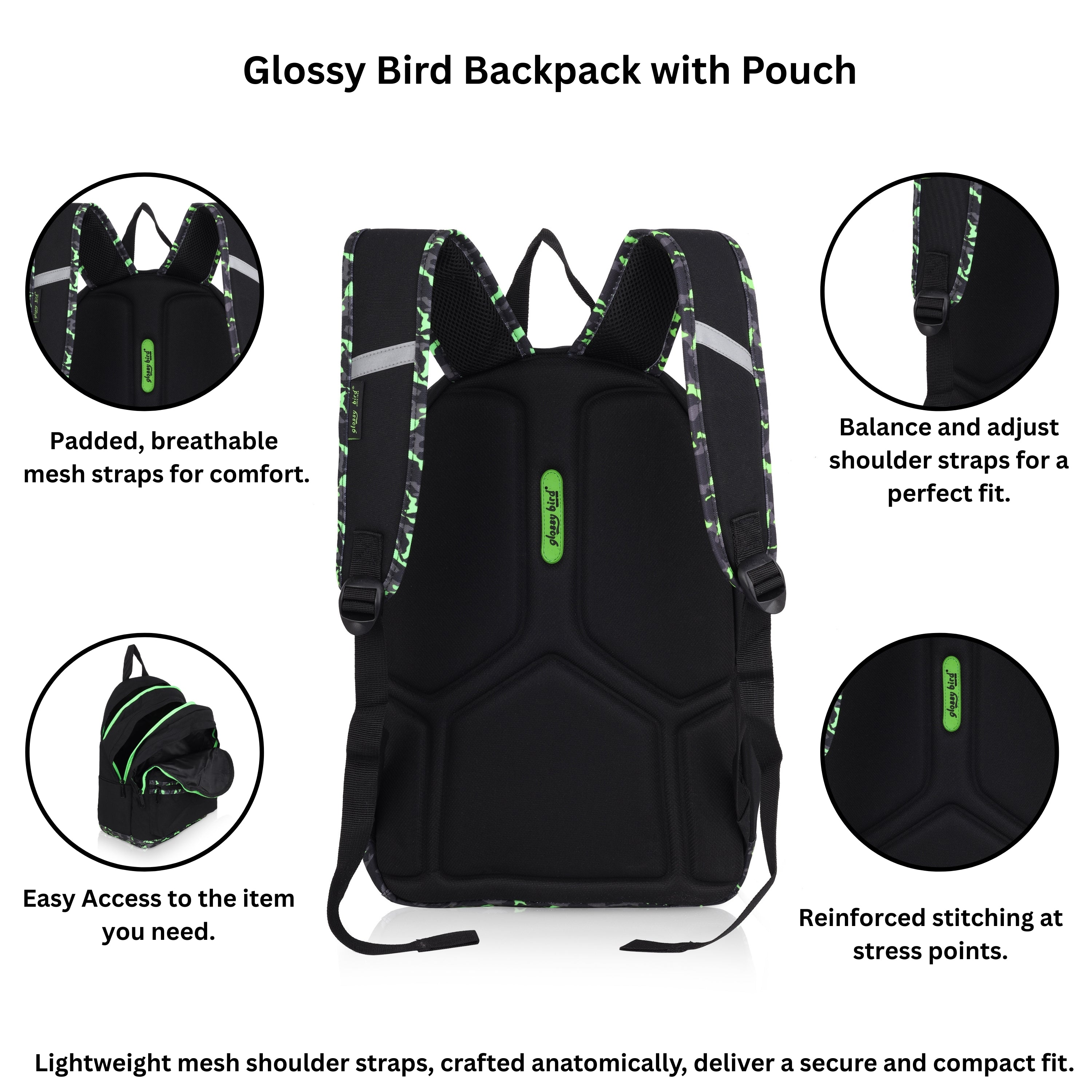 Echo Boomers Glossy Bird Backpack (PURPLE) – Water-Resistant School, Travel & Office Bag for Men & Women with Detachable Pouch, Padded Straps, Multi-Pockets & Reflective Strips