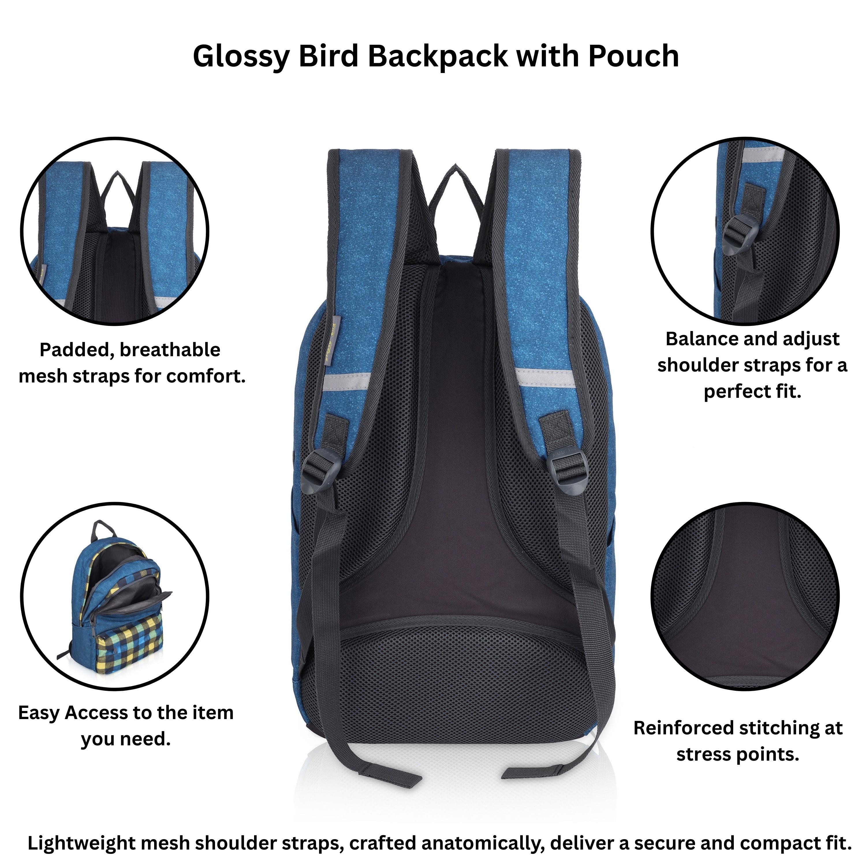 Echo Boomers Glossy Bird 21L Unisex Backpack with Pouch – Stylish Check Design, 3 Compartments, Front Pocket, Bottle Holder – Water-Resistant School, Travel, Office Bag (Yellow
