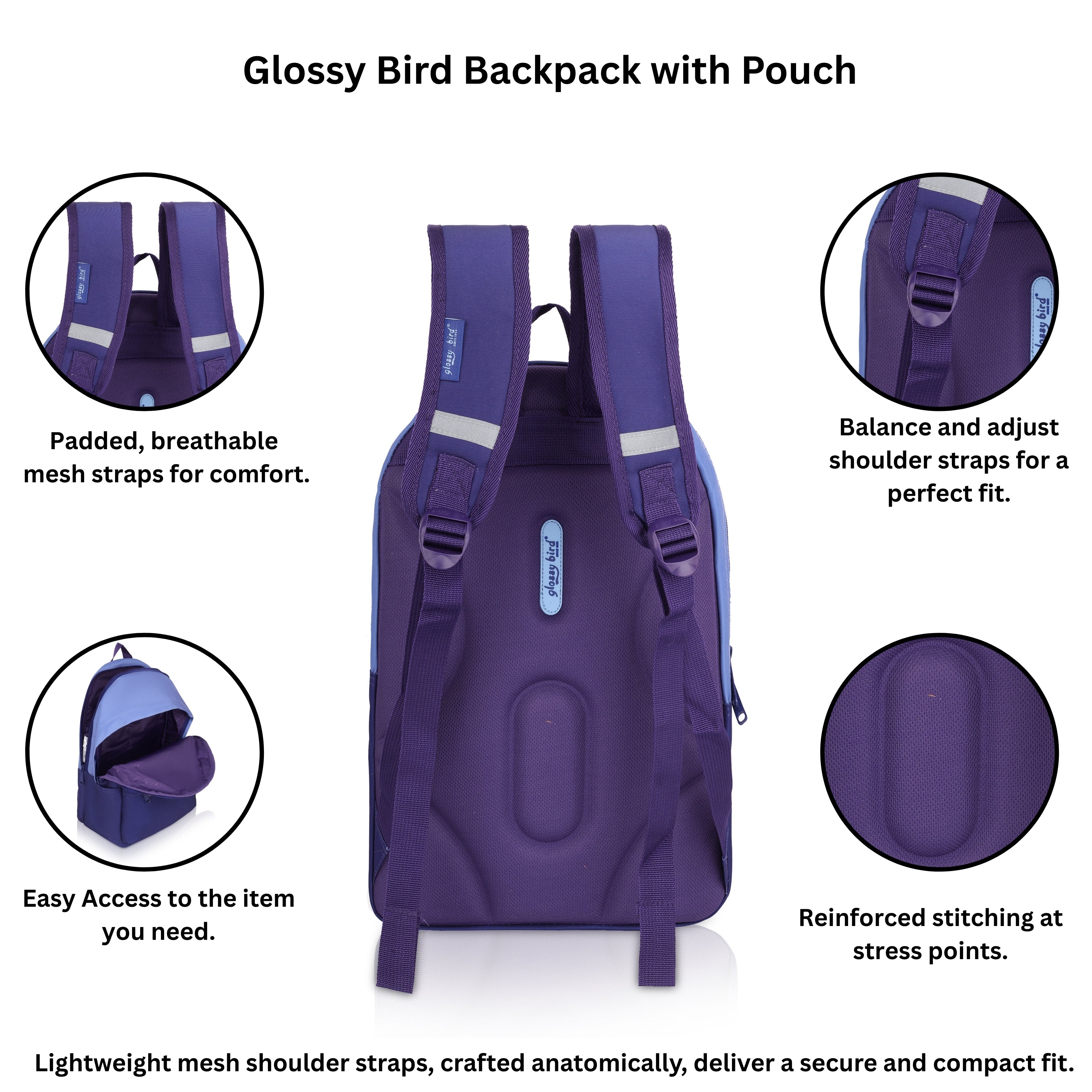 Echo Boomers Glossy Bird Backpack with Pouch – Casual Backpack with Compartments, Front Pocket, Bottle Holder – Ideal for School, College, Travel – Boys, Girls, Men, Women (Pink)