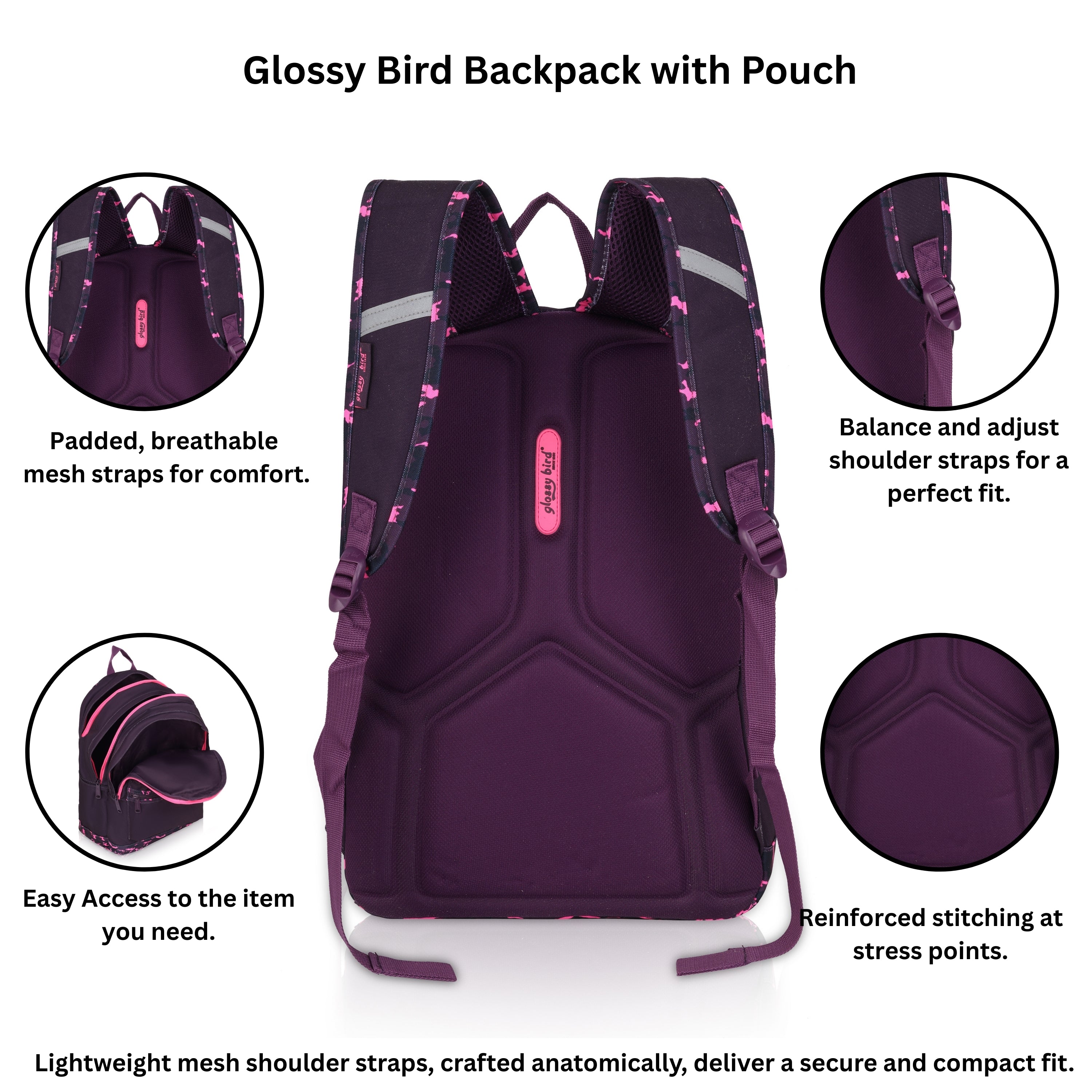 Echo Boomers Glossy Bird Backpack (PURPLE) – Water-Resistant School, Travel & Office Bag for Men & Women with Detachable Pouch, Padded Straps, Multi-Pockets & Reflective Strips