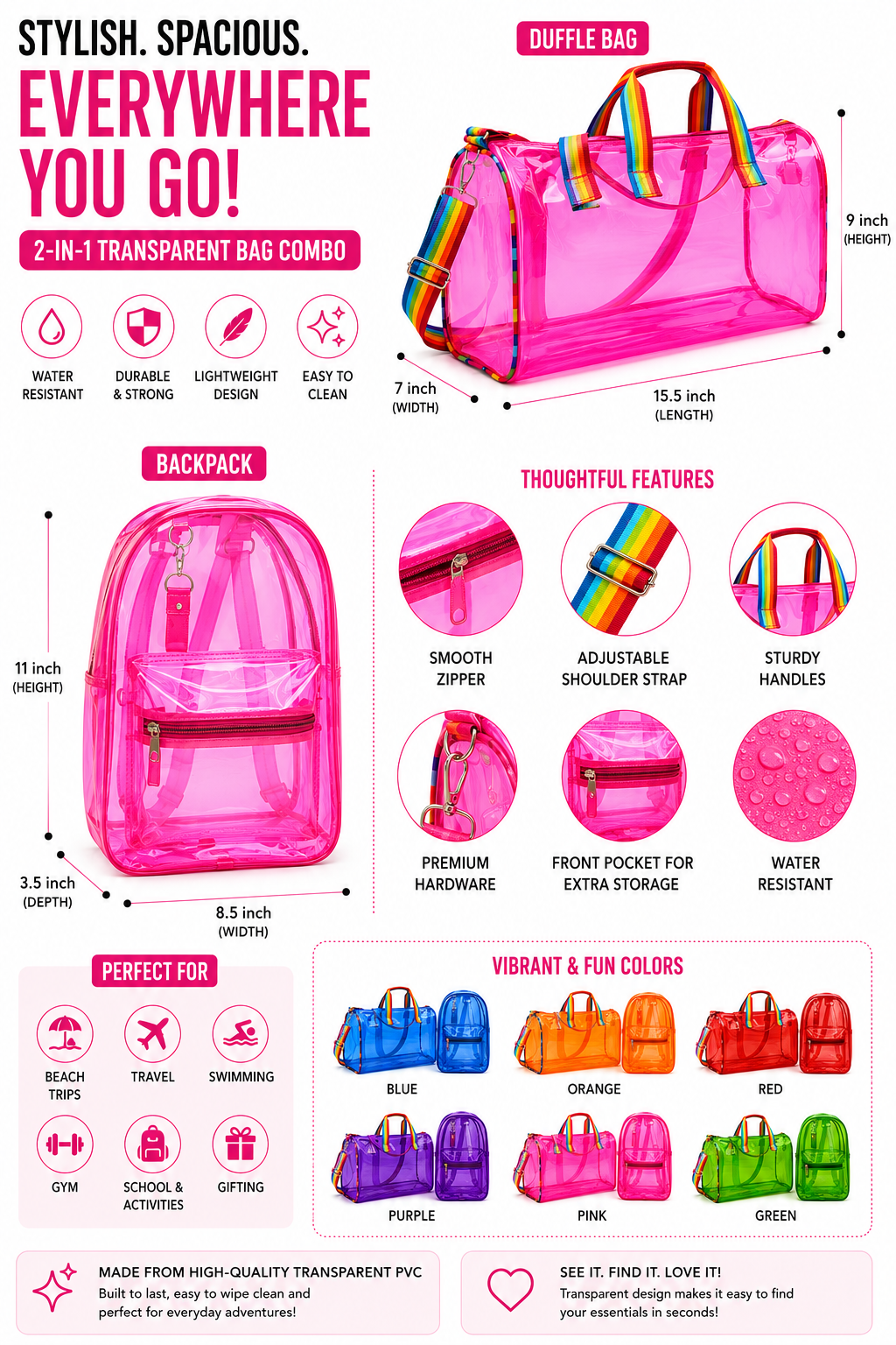 Echo Boomers Transparent PVC Duffle Bag & Backpack Combo | Water-Resistant Travel, Gym, Beach, Swimming & Sports Bag Set with Adjustable Shoulder Strap