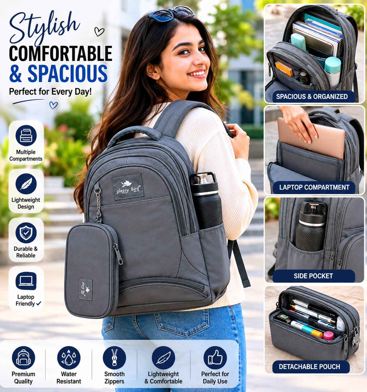 Echo Boomers Glossy Bird Explorer Backpack with Pencil Pouch | Lightweight Water-Resistant School, College, Office & Travel Backpack with Multiple Compartments
