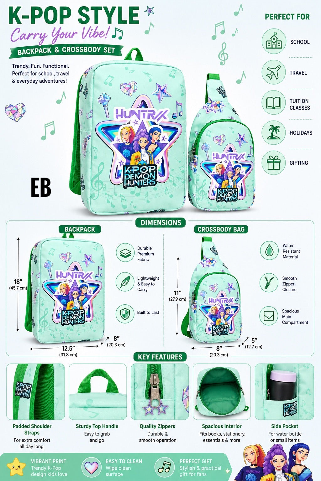 Echo Boomers Kids Backpack & Crossbody Sling Bag Set | Lightweight School Bag Combo for Boys & Girls | Premium Fabric | Smooth Zippers | Adjustable Strap | Vibrant Print