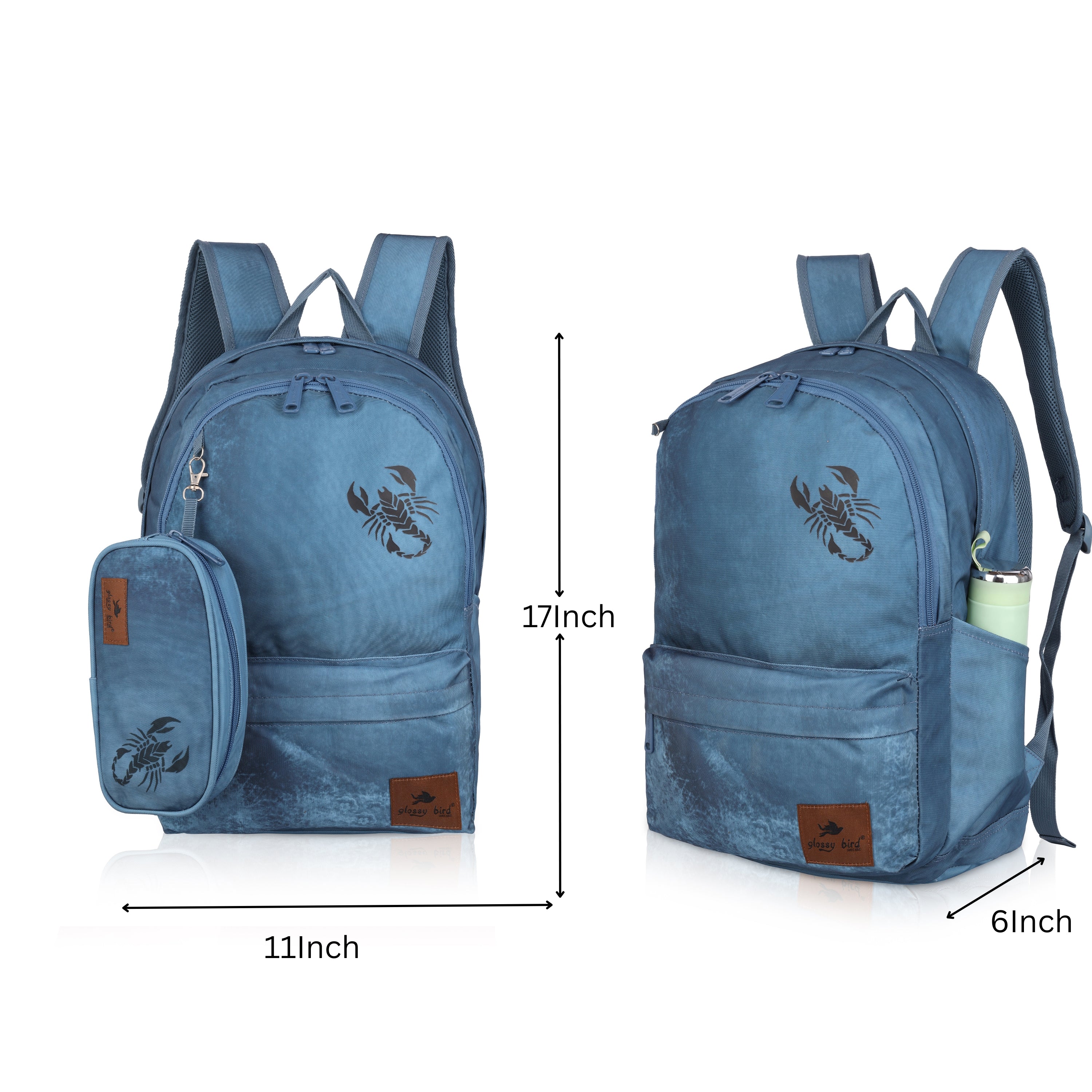 Echo Boomers Glossy Bird Backpack – Water-Resistant Stylish Bag with 3 Compartments, Bottle Holder, Detachable Pouch & Padded Straps – School & Travel Bag (AQUA)
