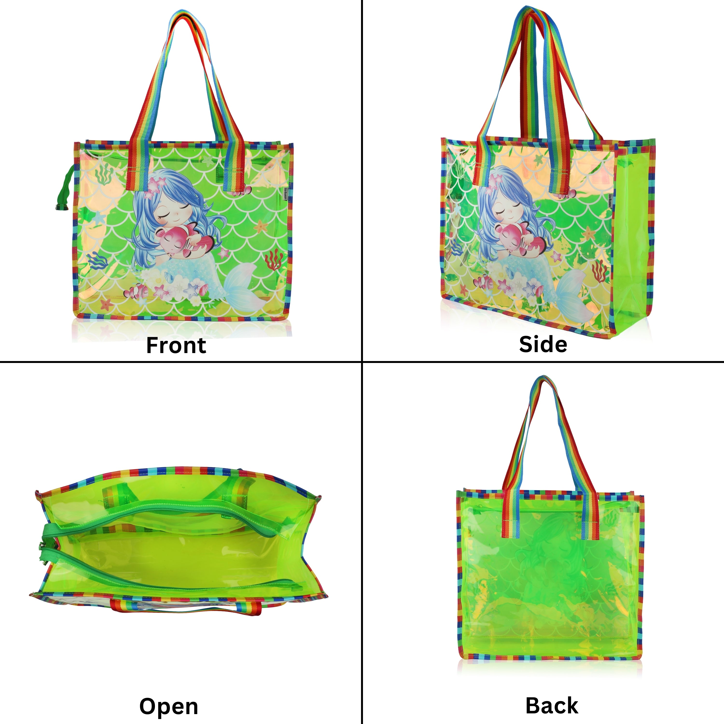 Echo Boomers Cute Mermaid,Magical Unicorn Wings,Astronaut, Stylish Cat,Cute Love Unicorn Transparent 50 GsmTote Bag – Rainbow Handles | Spacious, Durable & Stylish PVC Bag