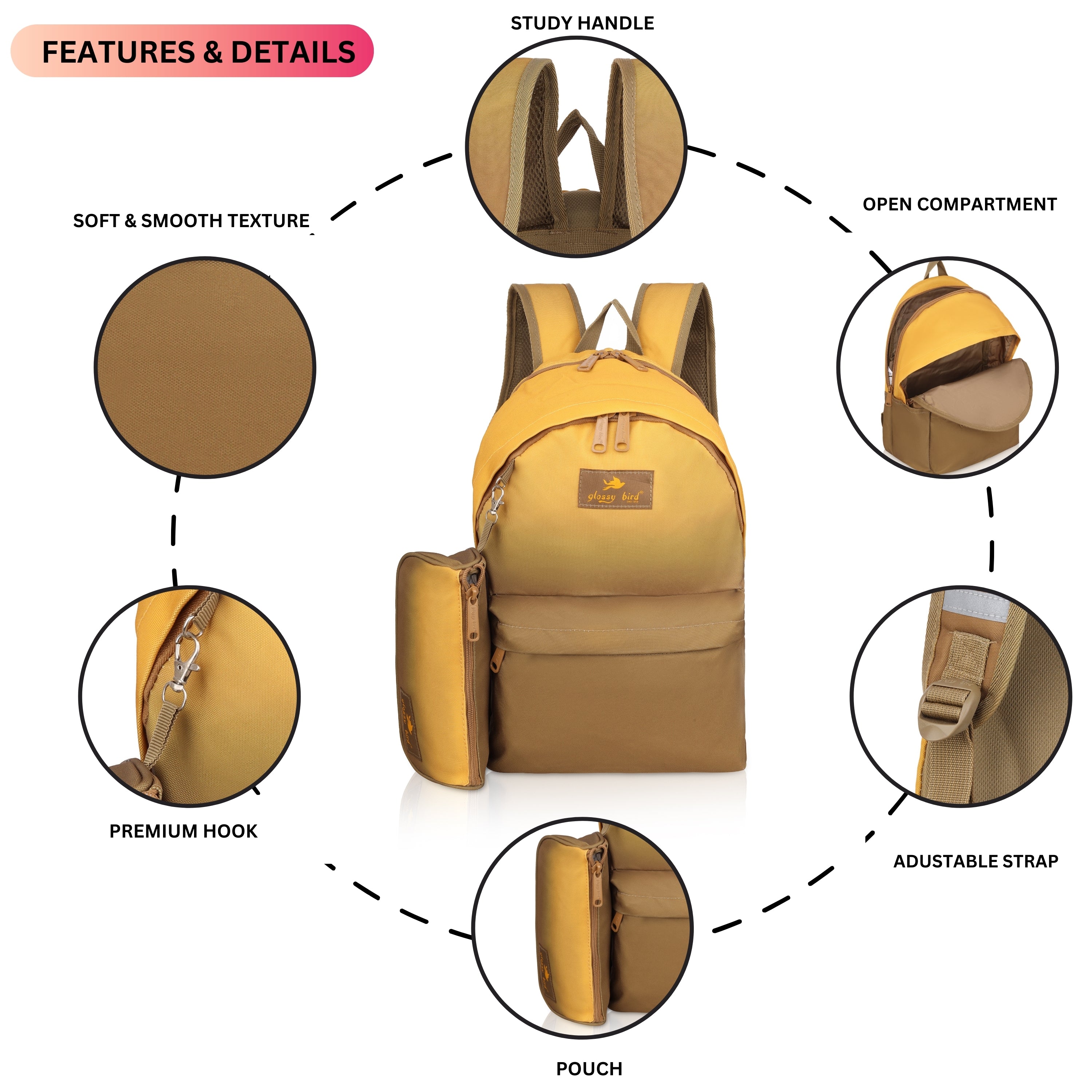 Echo Boomers Glossy Bird Backpack with Pouch – Casual Backpack with Compartments, Front Pocket, Bottle Holder – Ideal for School, College, Travel – Boys, Girls, Men, Women (Pink)