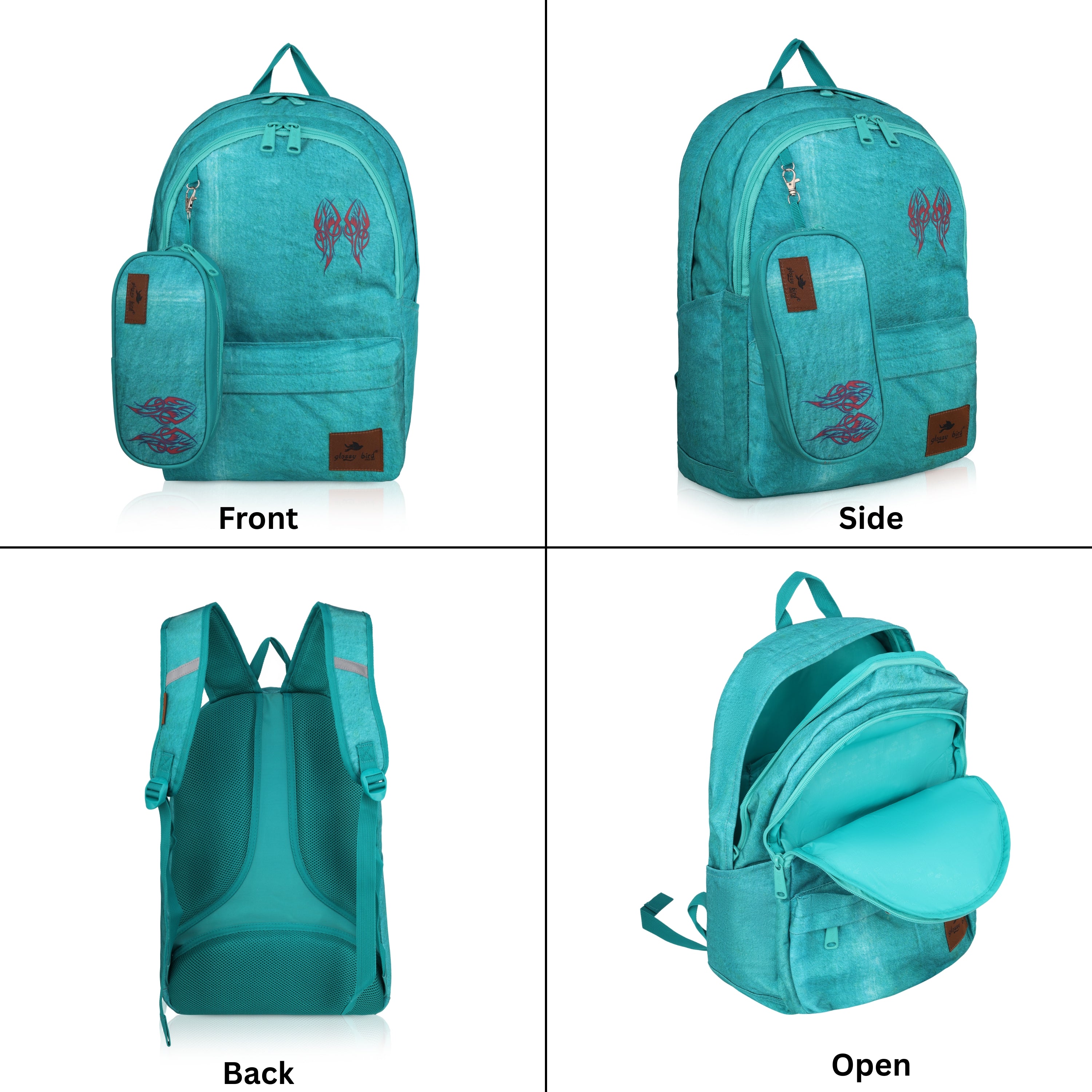 Echo Boomers Glossy Bird Backpack – Water-Resistant Stylish Bag with 3 Compartments, Bottle Holder, Detachable Pouch & Padded Straps – School & Travel Bag (AQUA)