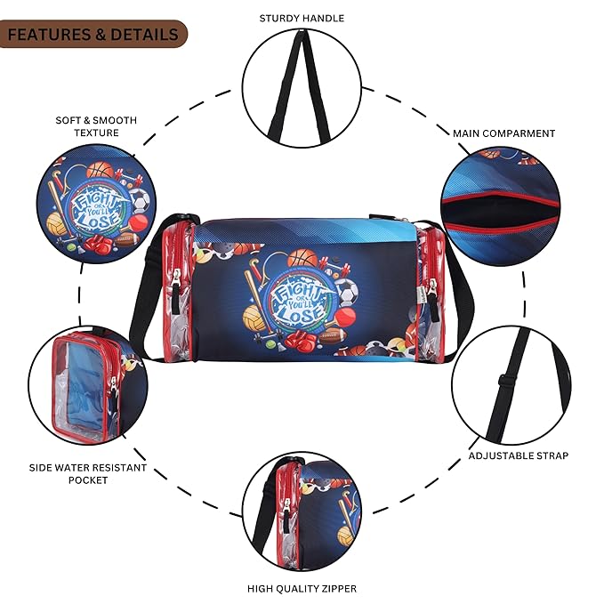 Echo Boomers Red Sports Print Square Travel Duffle Gym Luggage Bag with PVC Side Compartments