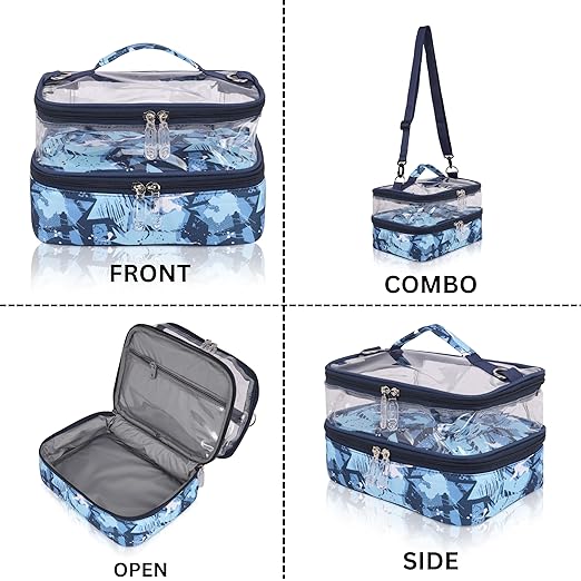 Echo Boomers Stars Printed Small Double-Decker Insulated Lunch Bag with Multi-Zipper Pockets - Blue