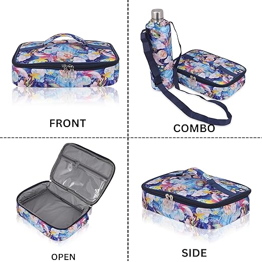 Echo Boomers Multi-Color Clouds Theme Printed Large Insulated Lunch Bag with Mesh Compartment & Water Bottle Combo - Navy Blue