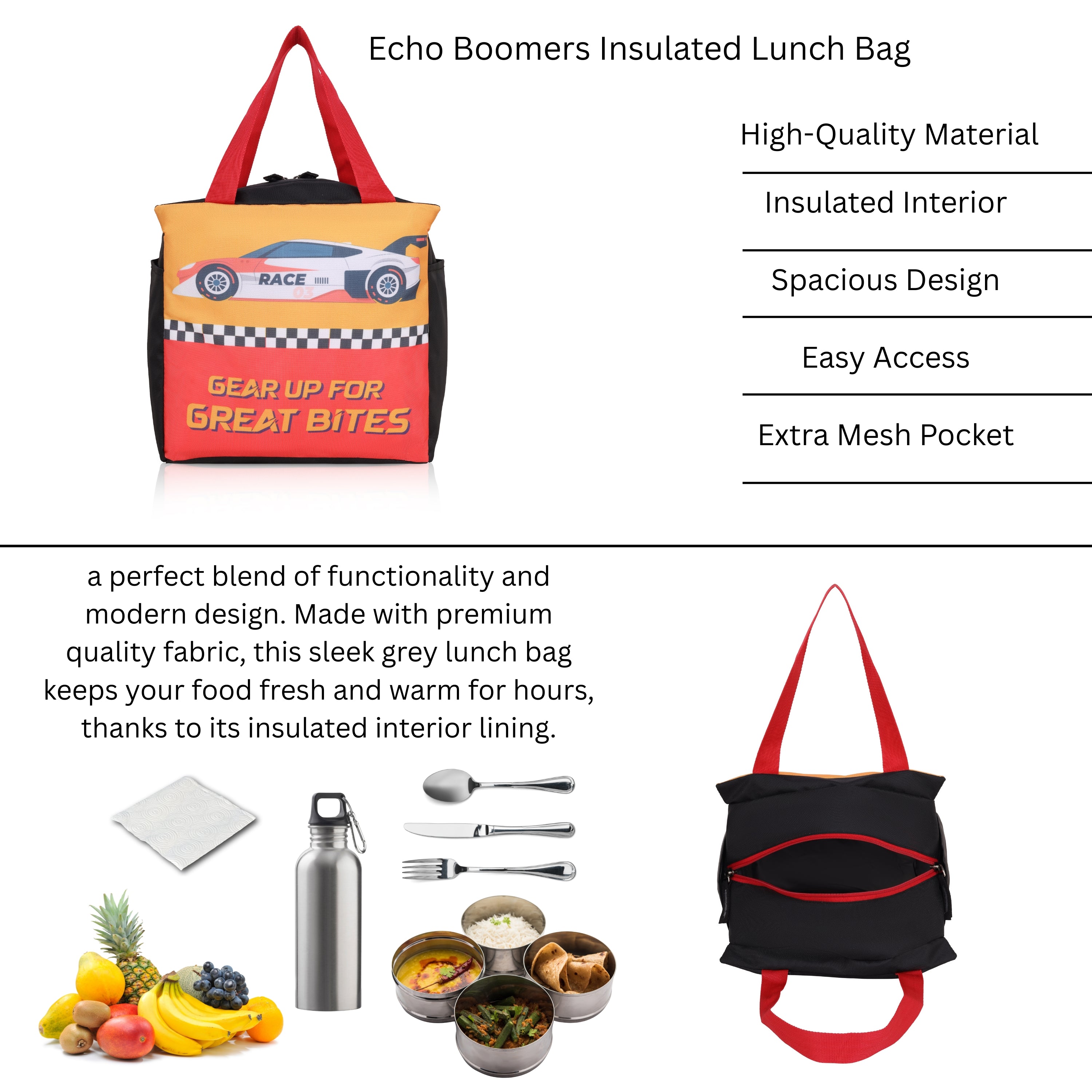 Echo Boomers Gear Up for Great Bites Race Car Black Lunch Bag for Kids | Stylish, Lightweight & Durable | School, Travel & Picnic Use | Premium Zipper, Sturdy Handle, Easy to Clean