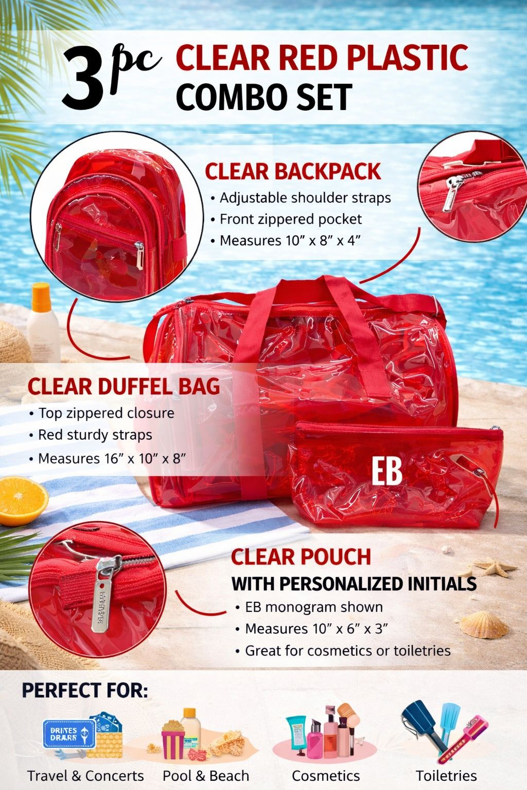 Echo Boomers Premium Orange PVC Transparent Bag Combo Set (3 pcs) – Duffel Bag, Mini Backpack & Pouch | Waterproof Travel, Gym & Toiletry Organizer for Men & Women