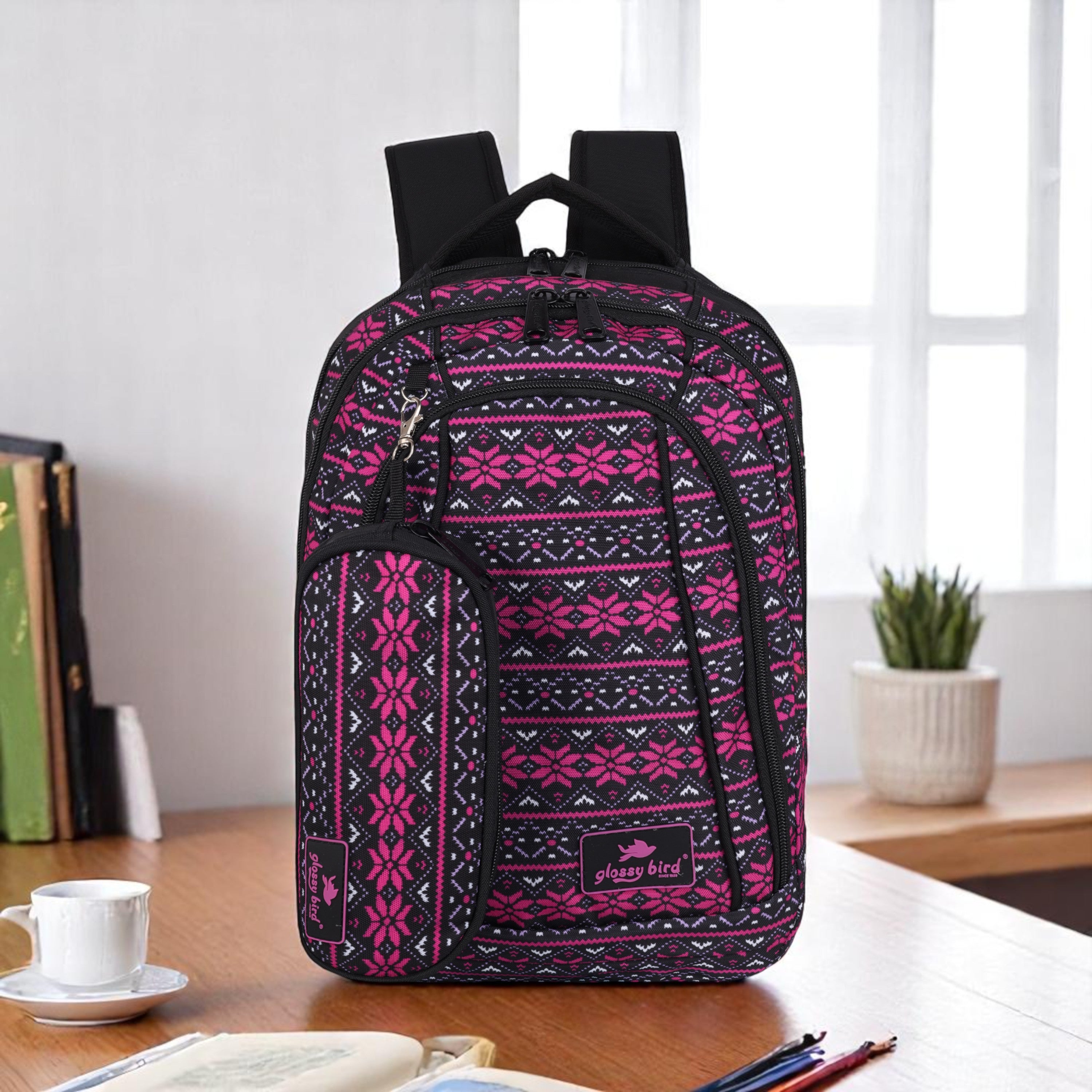 Echo Boomers Glossy Bird Unisex Backpack for School, Office & Travel – Water-Resistant, Lightweight Bag with 4 Compartments, Bottle Holder, Detachable Pouch & Ergonomic Straps (Purple)