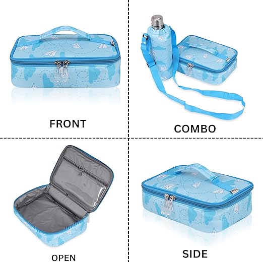 Echo Boomers Paper Plane Theme Printed Small Insulated Lunch Bag with Mesh Compartment & Water Bottle - Blue