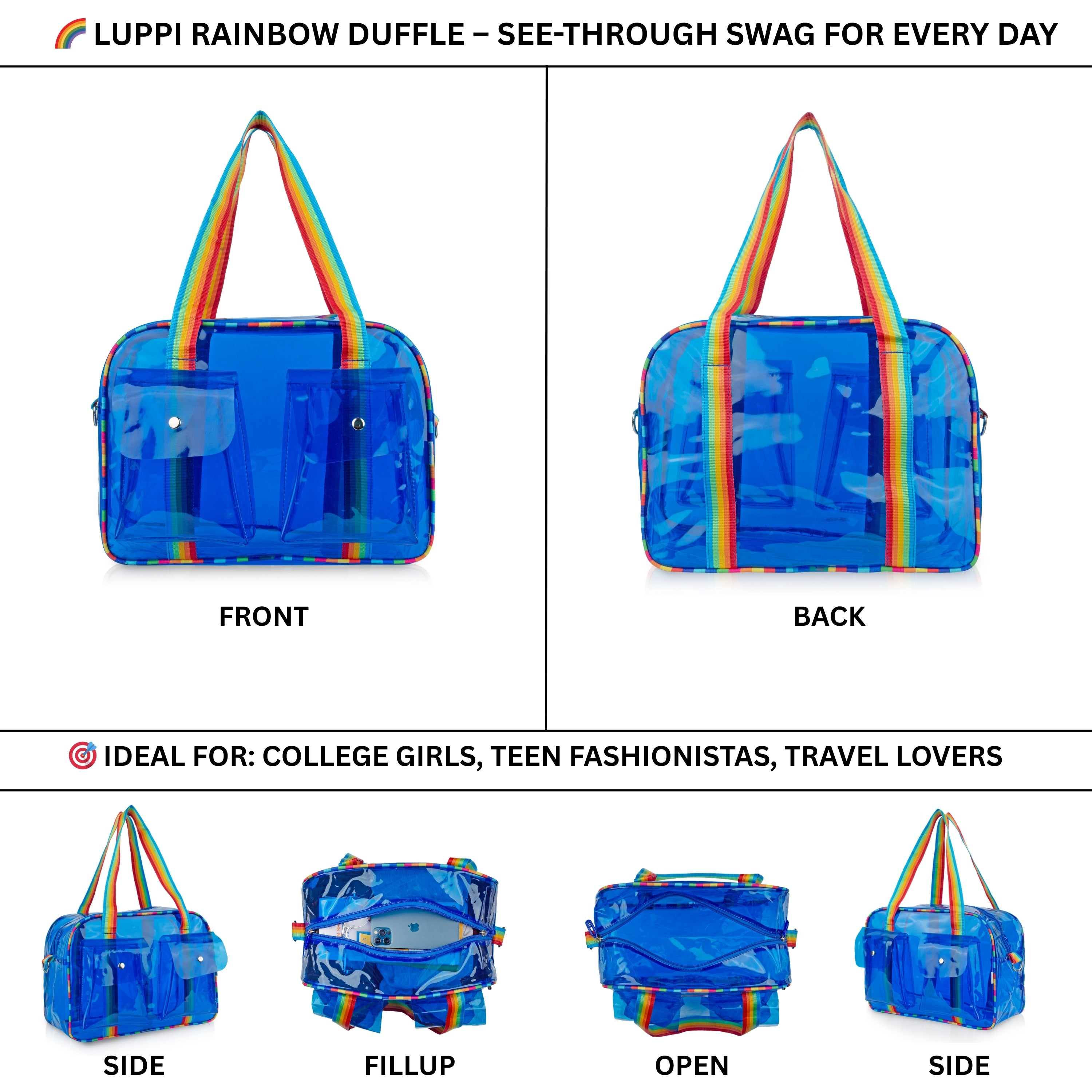 Echo Boomers Unisex Transparent Jelly Duffle Bag – Trendy  Travel Tote with Rainbow Straps & Dual Front Pockets – Fashion Gym, College & Weekend Bag