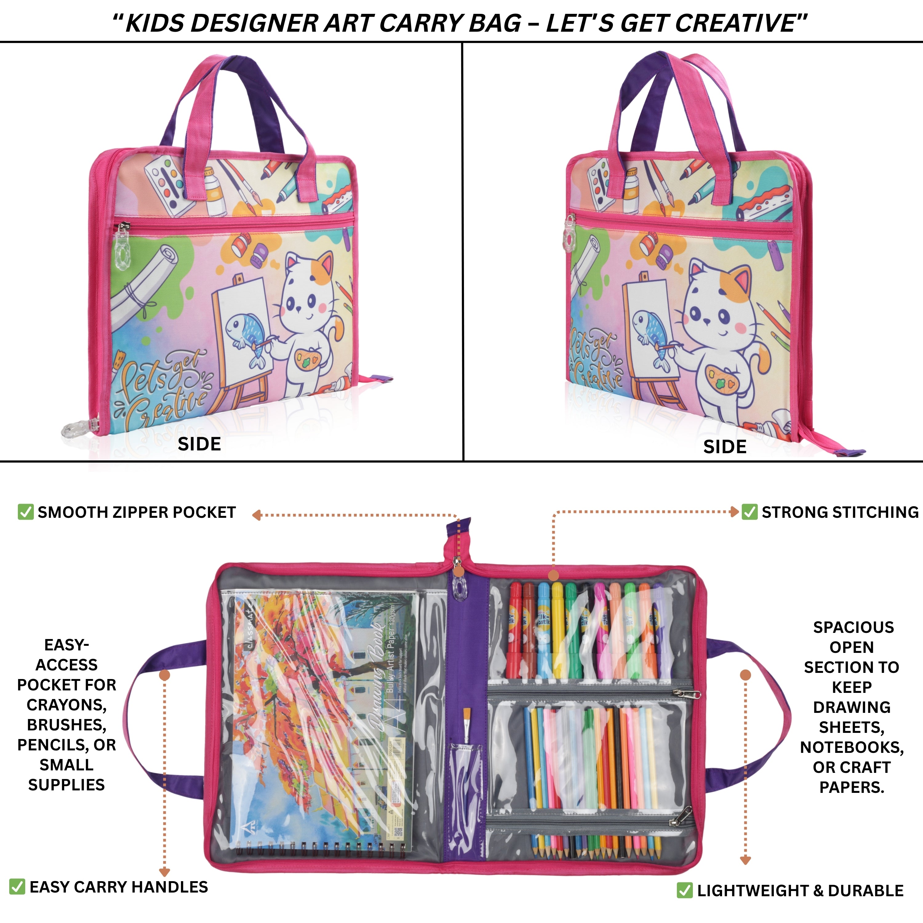 Echo Boomers A4 Kids Drawing Bag | Art & Stationery Organizer with Zipper Pocket