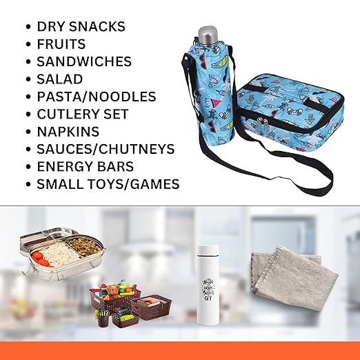 Echo Boomers Beach Theme Printed Large Insulated Lunch Bag with Mesh Compartment & Water Bottle Combo - Light Blue