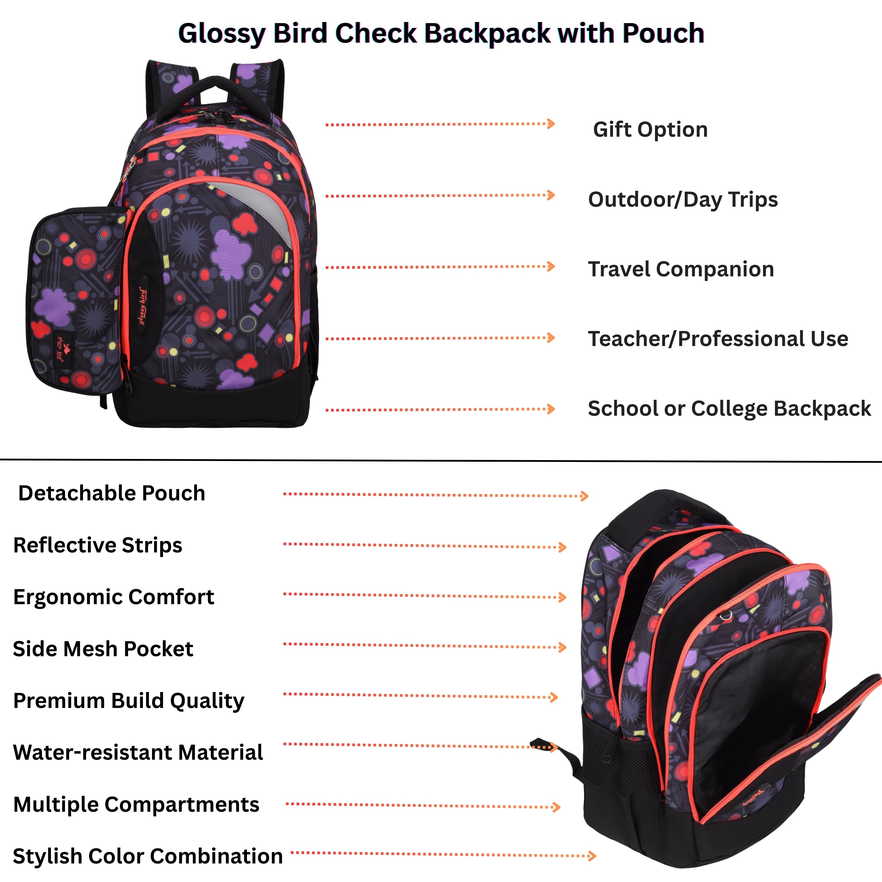 Echo Boomers Glossy Bird Backpack (BLACK) – Lightweight Water-Resistant School Bag for Girls & Boys with Detachable Pouch & Bottle Holder – Stylish Multi-Pocket Travel Backpack