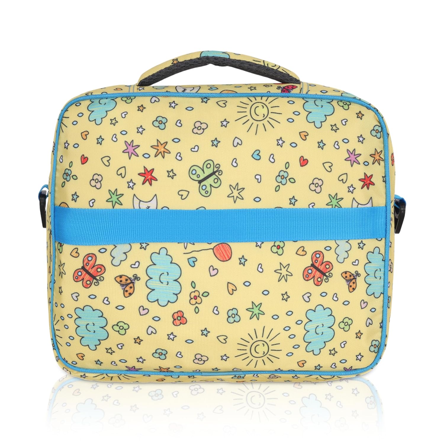 Echo Boomers Yellow Sunshine Print Insulated Tiffin Lunch Bags for Kids with Multi Zipper Pockets