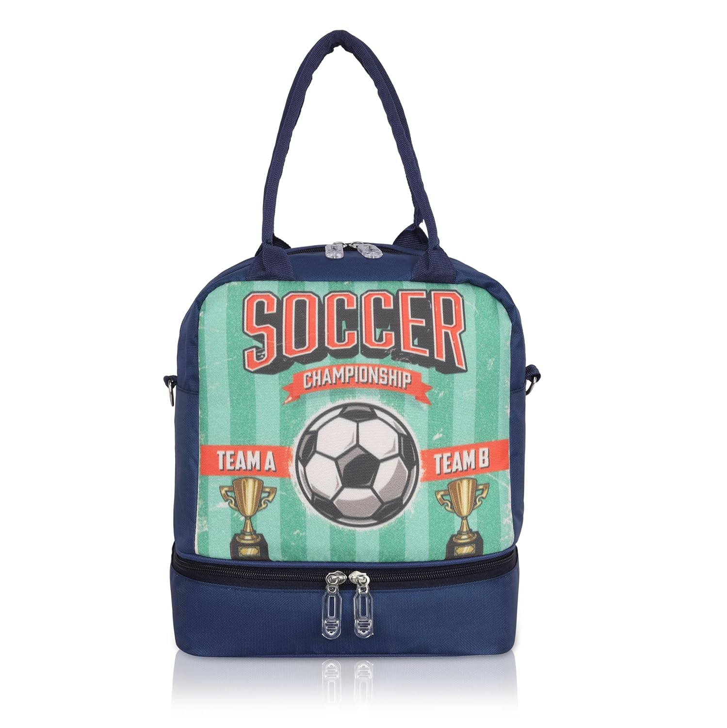 Echo Boomers Double Layer Insulated Tiffin Lunch Bag - Purple Soccer Championship Print, Multi Pockets & Long Strap