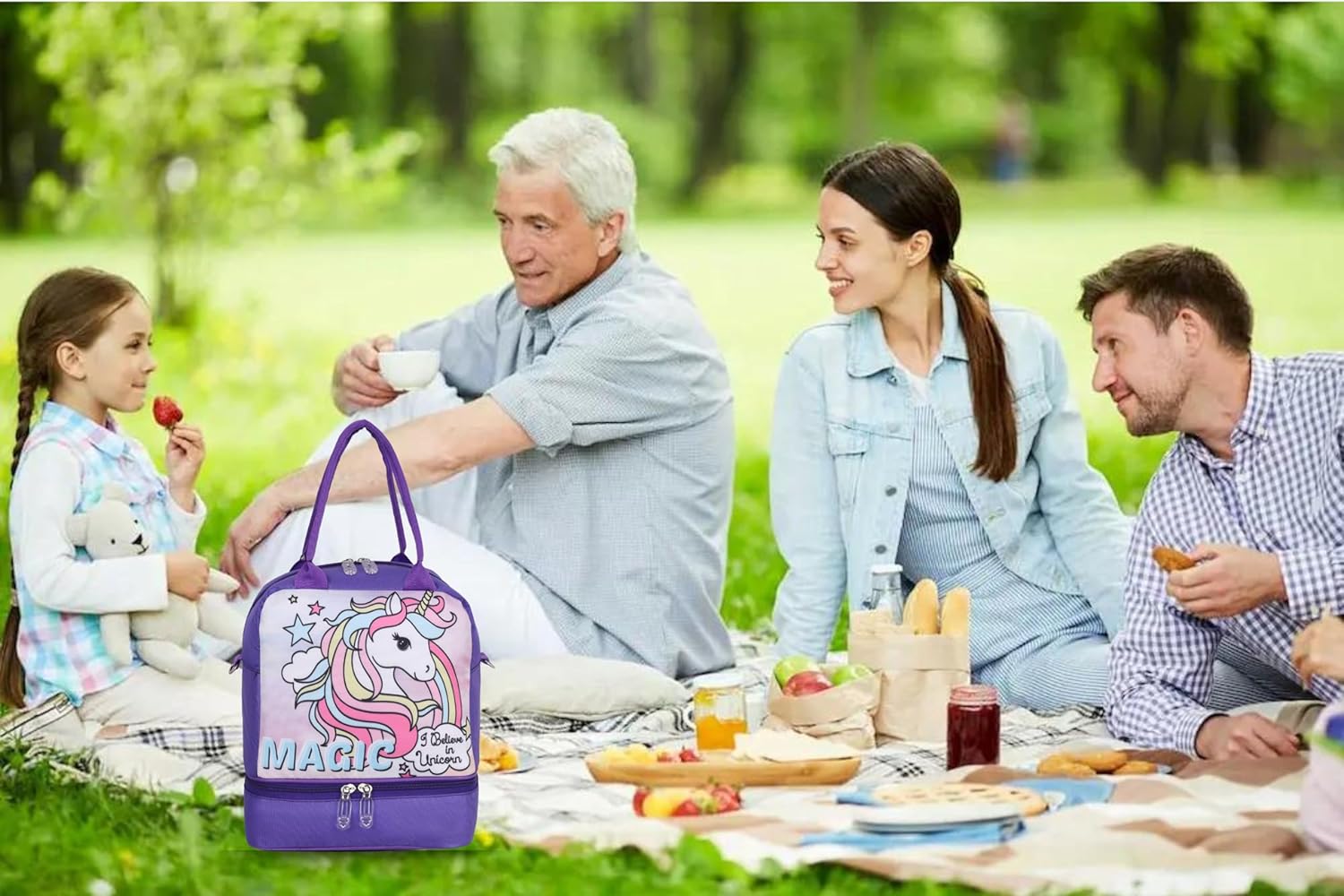 Echo Boomers Double Layer Insulated Tiffin Lunch Bag - Magical Purple Unicorn Print, Multi Pockets & Long Strap