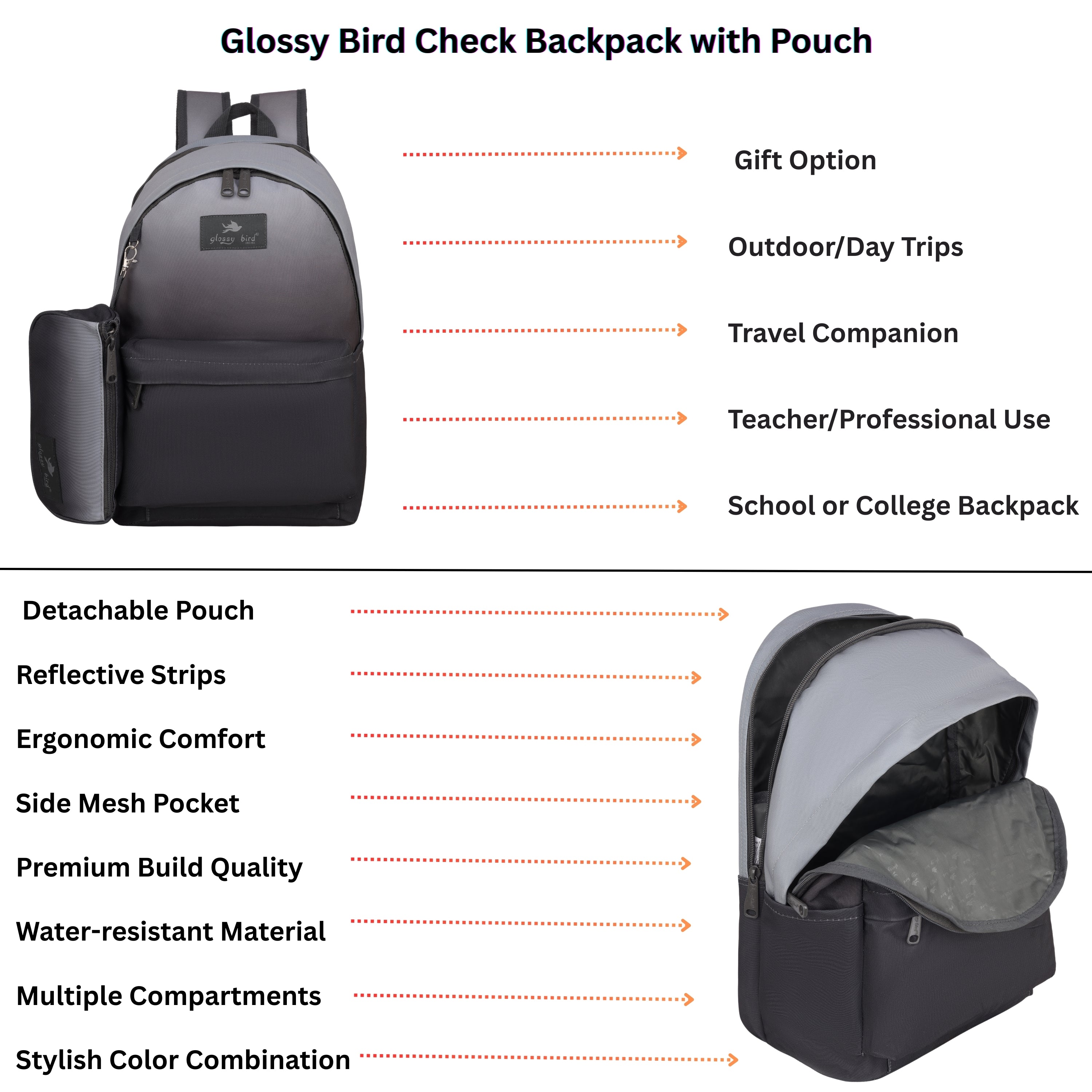 Echo Boomers Glossy Bird Backpack with Pouch – Casual Backpack with Compartments, Front Pocket, Bottle Holder – Ideal for School, College, Travel – Boys, Girls, Men, Women (Pink)