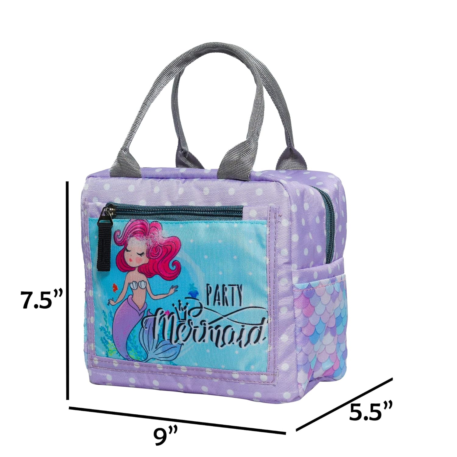 Echo Boomers Mermaid Printed Insulated Lunch Bag, Tiffin and Food Storage Bag for Work, Students, Office, Picnic, College & School with Multiple Zipper Pockets (Purple)