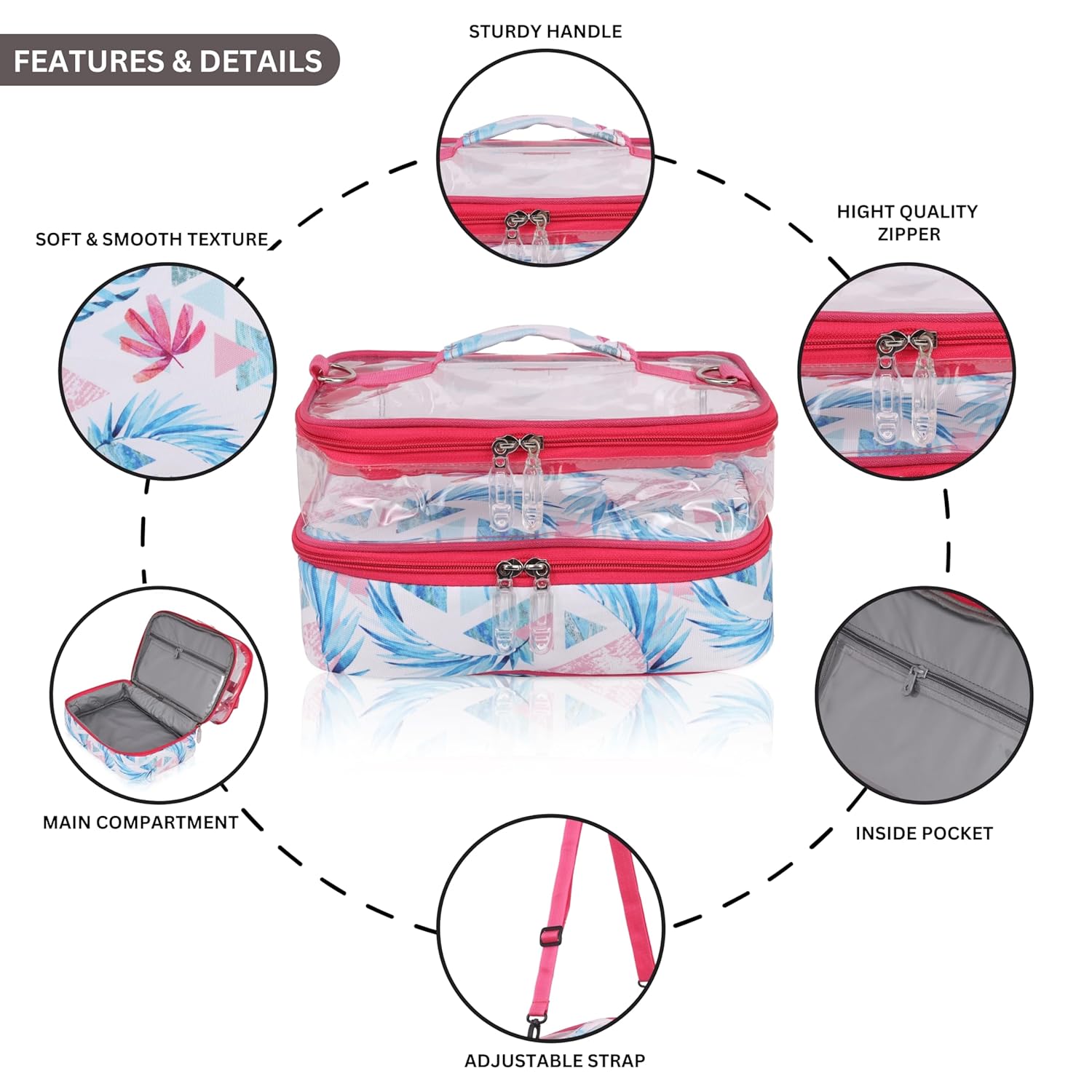 Echo Boomers Flower Printed Large Double-Decker Insulated Lunch Bag with Multi-Compartment Zipper Pockets