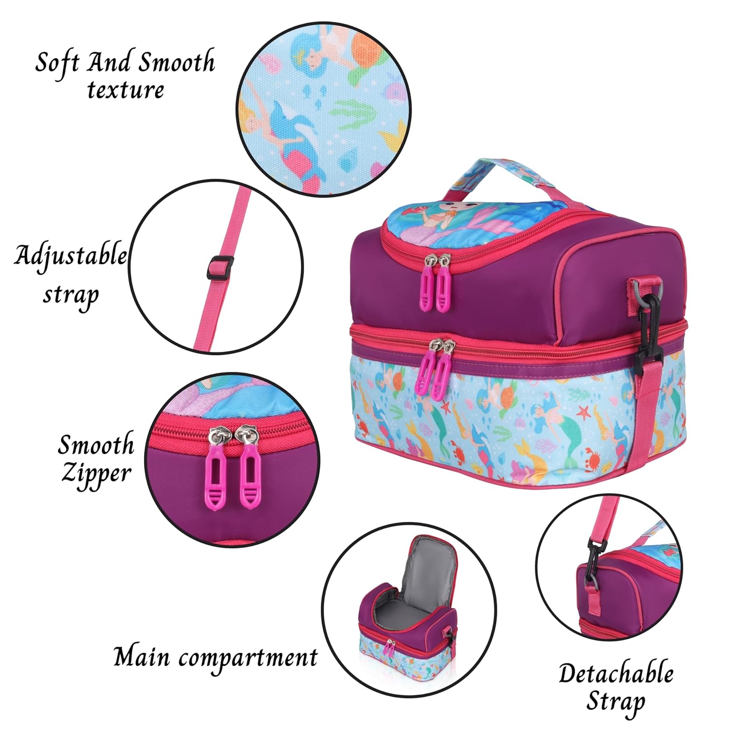 Echo Boomers Maroon Mermaid Printed Double Layer Insulated Tiffin Lunch Bag with Detachable Strap