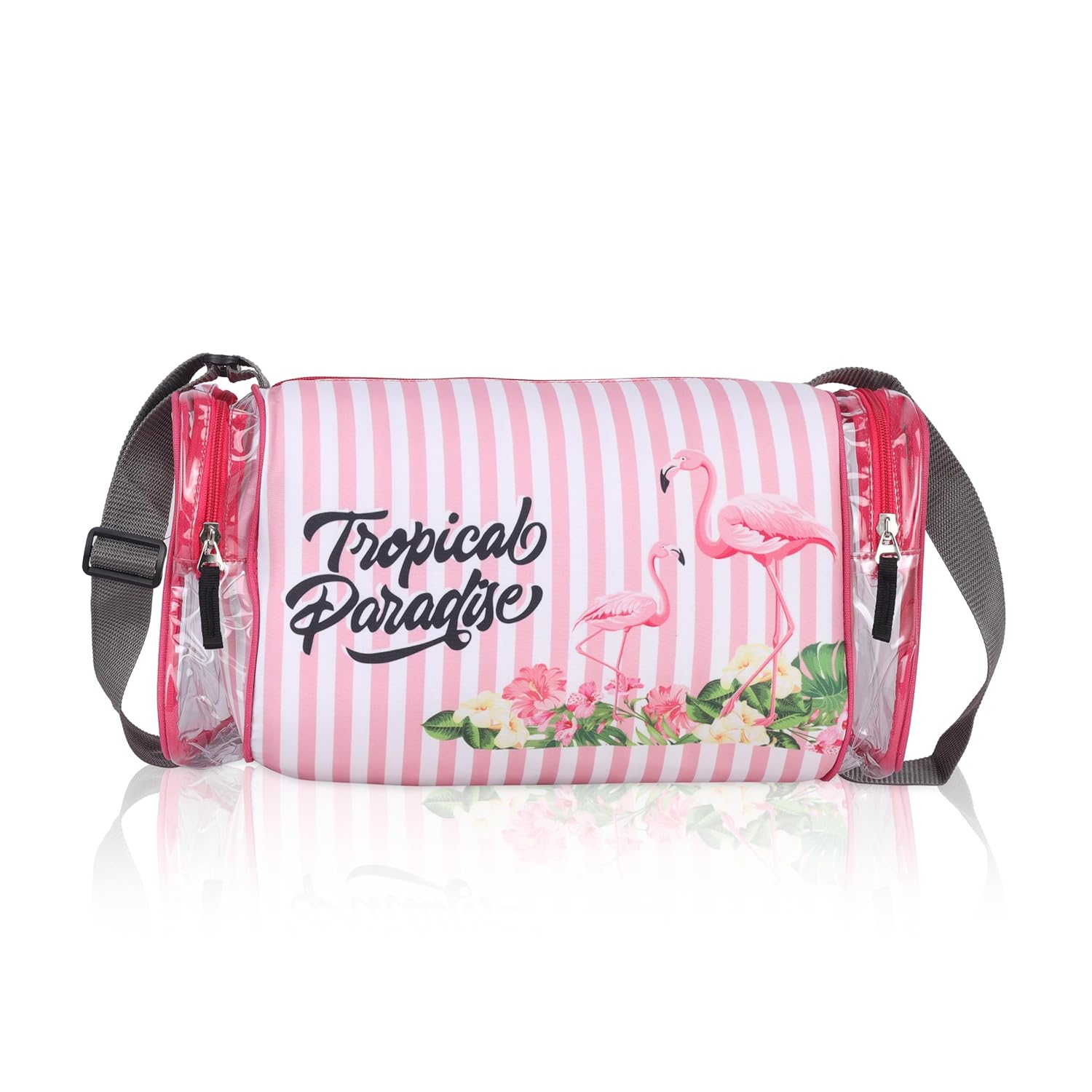 Echo Boomers Pink Stripes Print Square Travel Duffle Gym Luggage Bag with PVC Side Compartments