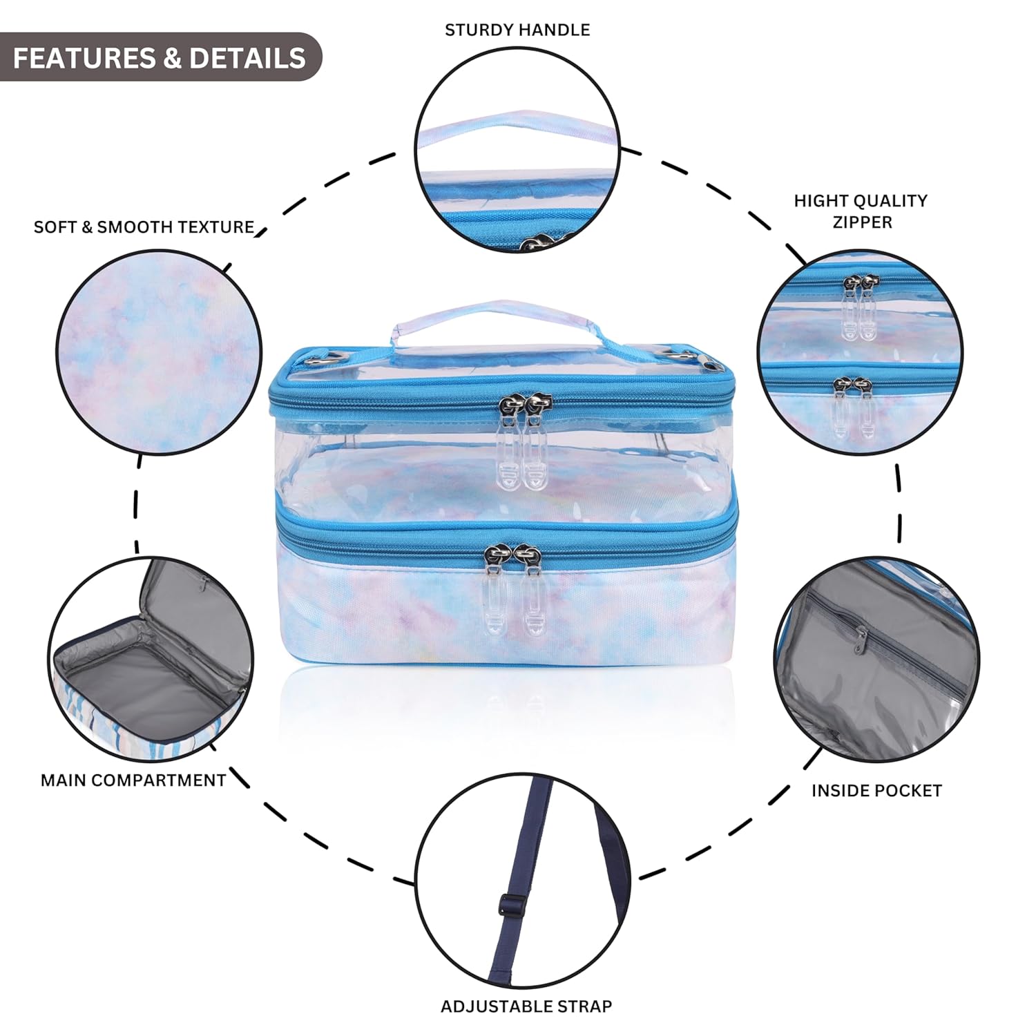 Echo Boomers Solid Small Double-Decker Insulated Lunch Bag with Multi-Zipper Pockets - Sky Blue