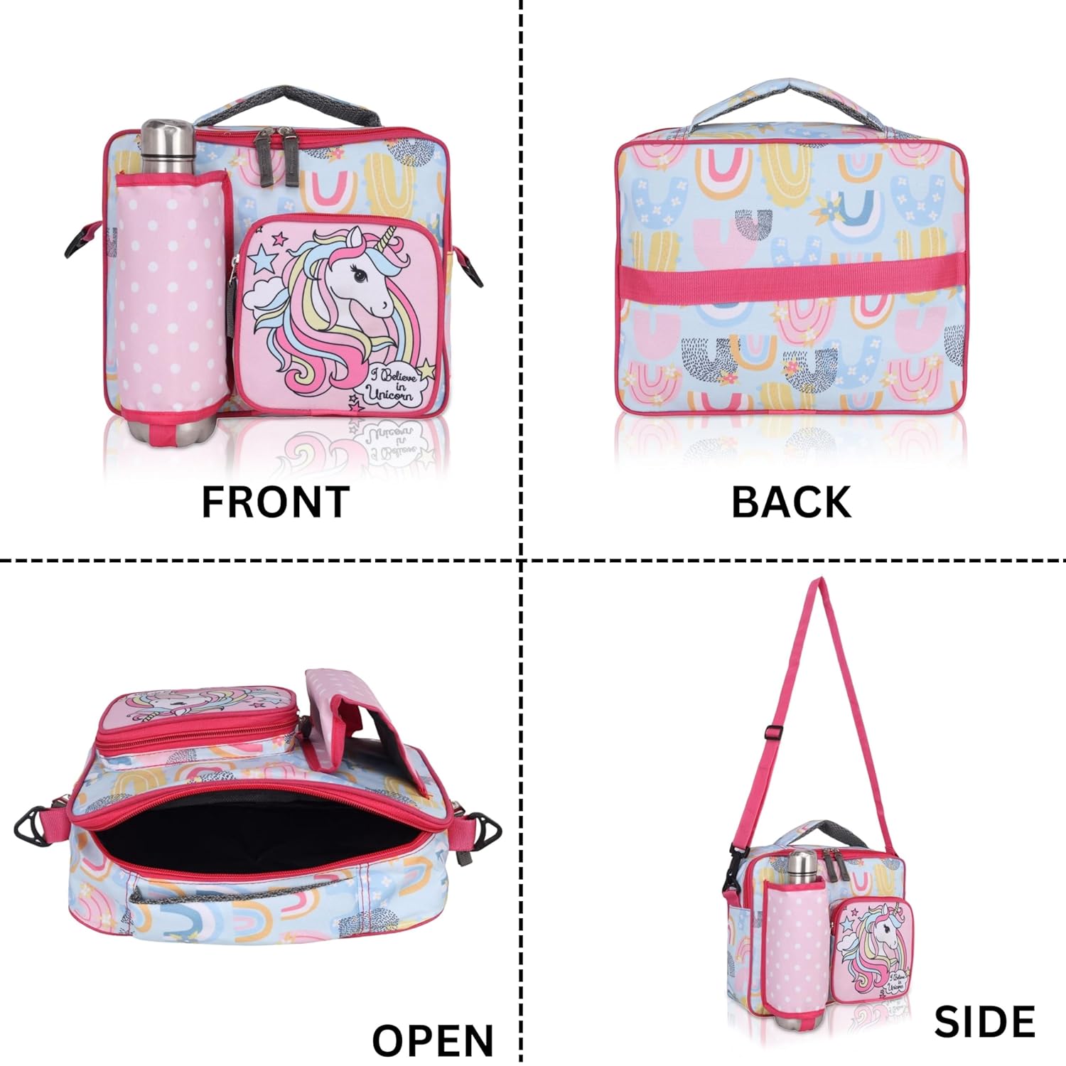 Echo Boomers Unicorn Print Pink Insulated Tiffin Lunch Bags for Kids with Multi Zipper Pockets