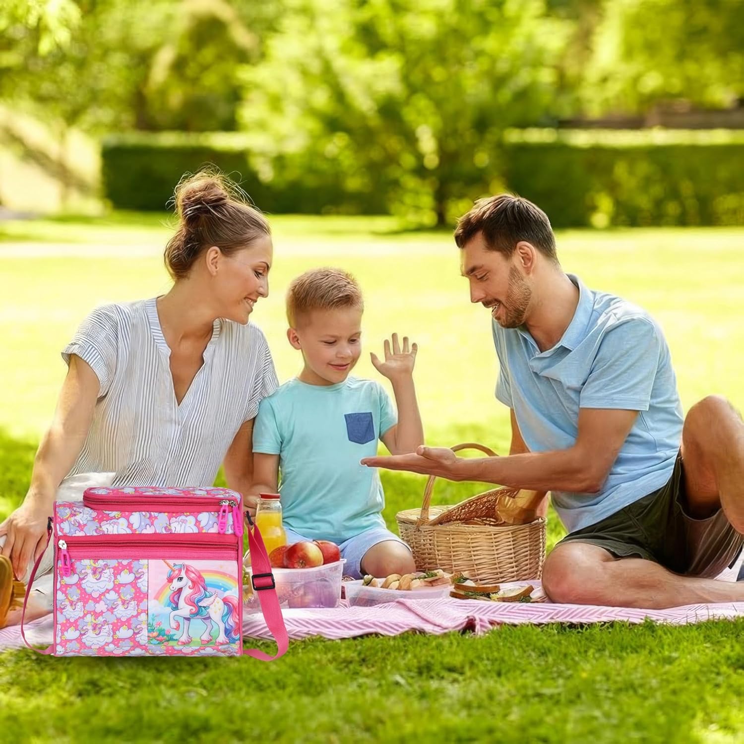 Echo Boomers Pink Unicorn Printed Double Insulated Tiffin Lunch Bag with Multi Zipper Pockets - Pink