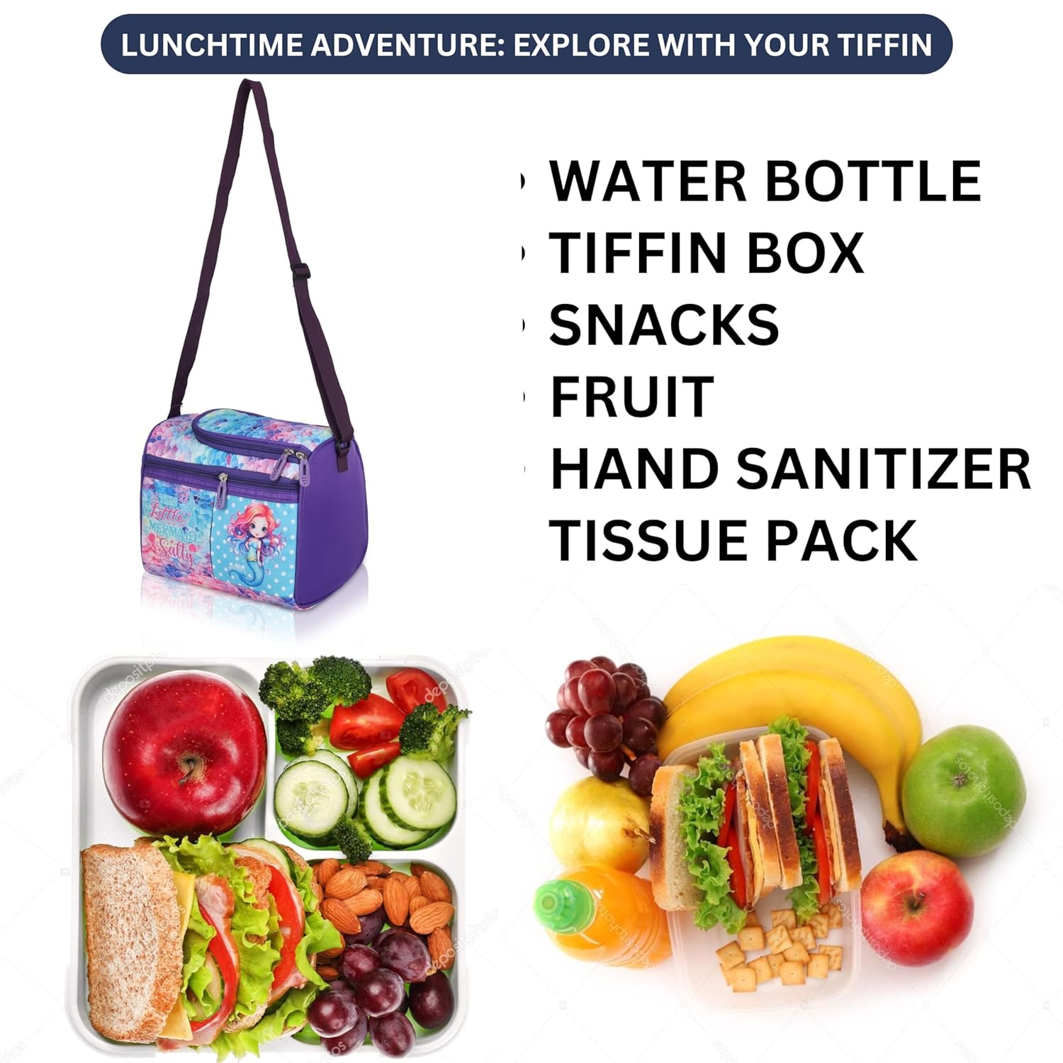 Echo Boomers Little Mermaid Printed Double Insulated Tiffin Lunch Bag with Multi Zipper Pockets - Pink