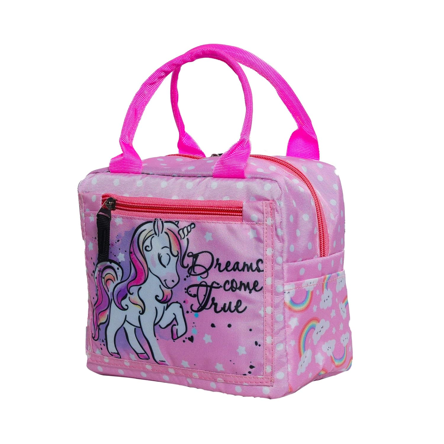 Echo Boomers Pink Unicorn Print Insulated Tiffin Lunch Bags for Kids with Multi Zipper Pockets