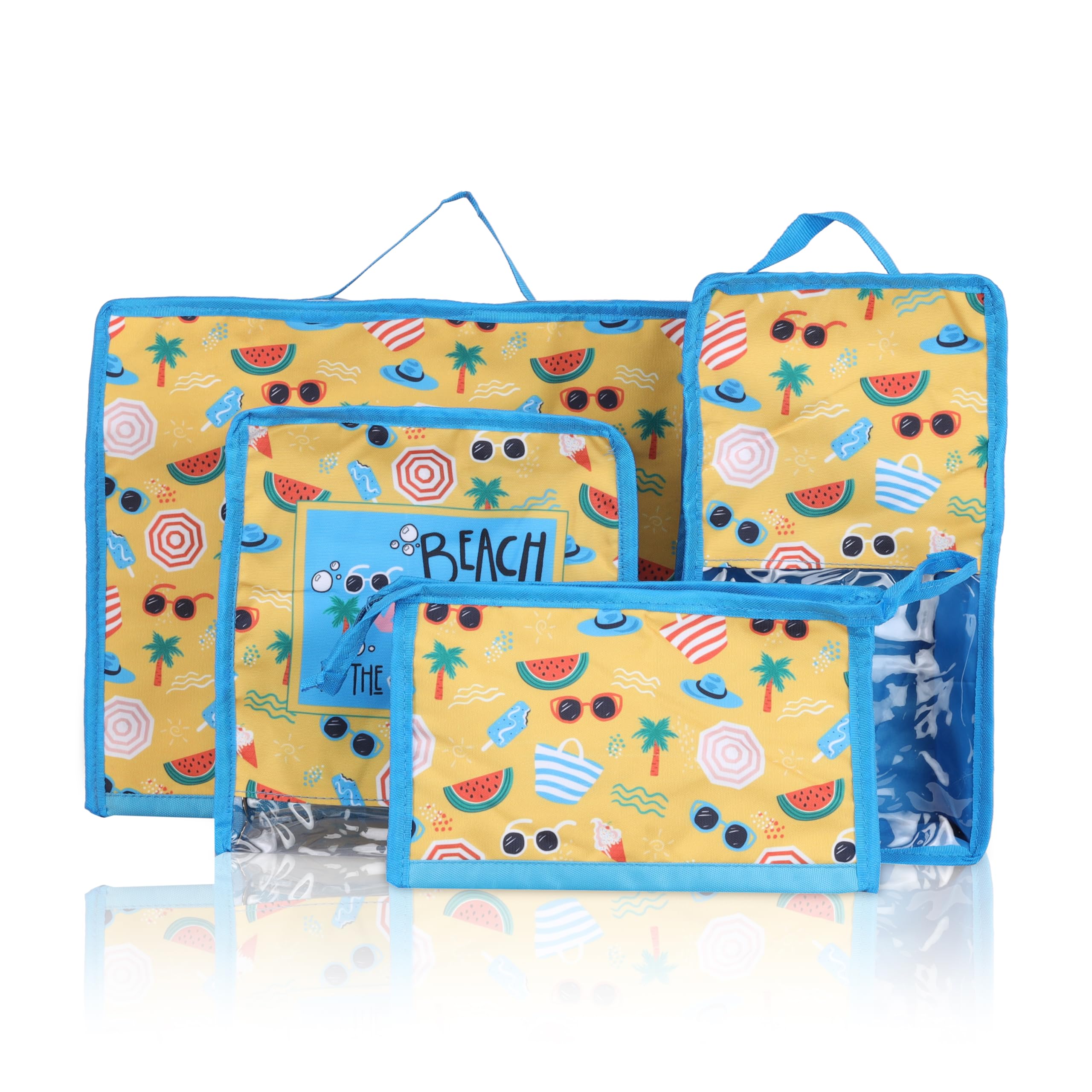 Echo Boomers Beach Vibes 4-Piece Travel Organizer Set | Travel accessories - Red and Sky Blue Packing Cubes with Beach Print