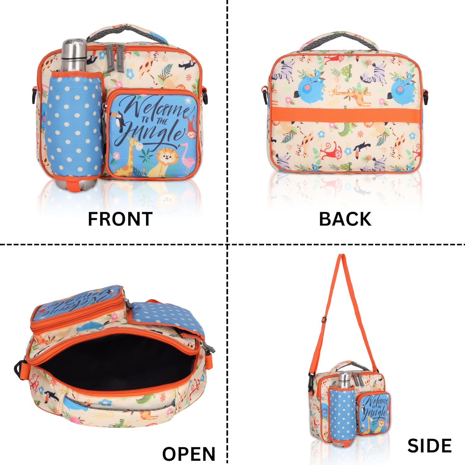 Echo Boomers Bleu Animal Print Insulated Tiffin Lunch Bags for Kids with Multi Zipper Pockets