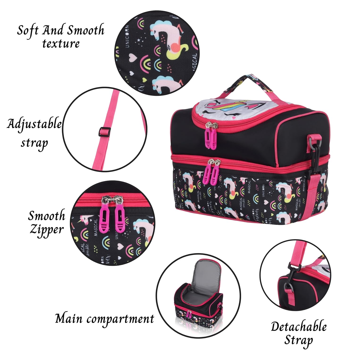 Echo Boomers Black Unicorn Printed Double Layer Insulated Tiffin Lunch Bag with Detachable Strap