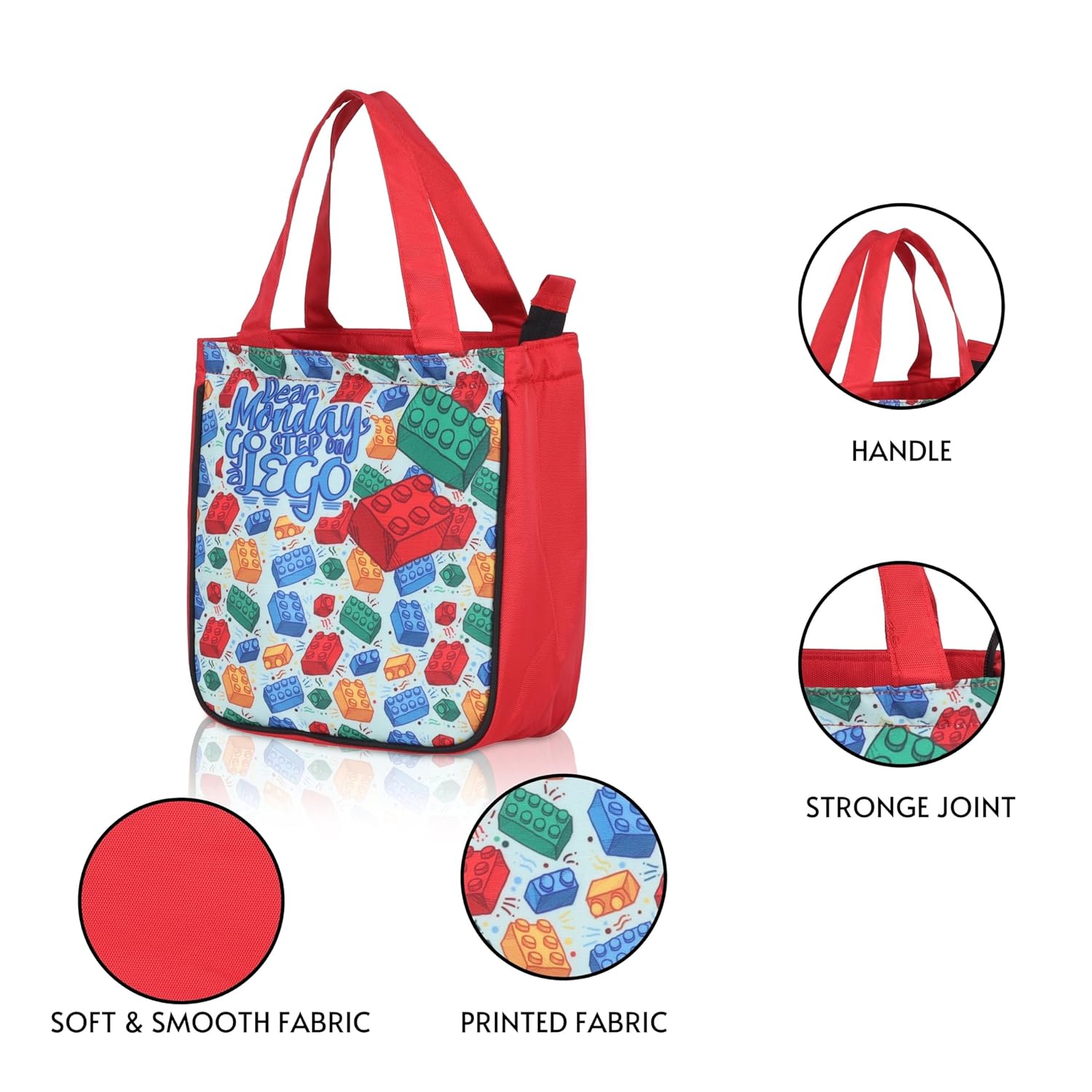 Echo Boomers Red Lego Printed Lunch Bag- Insulated, Spacious & Stylish for School, Work, or Outings